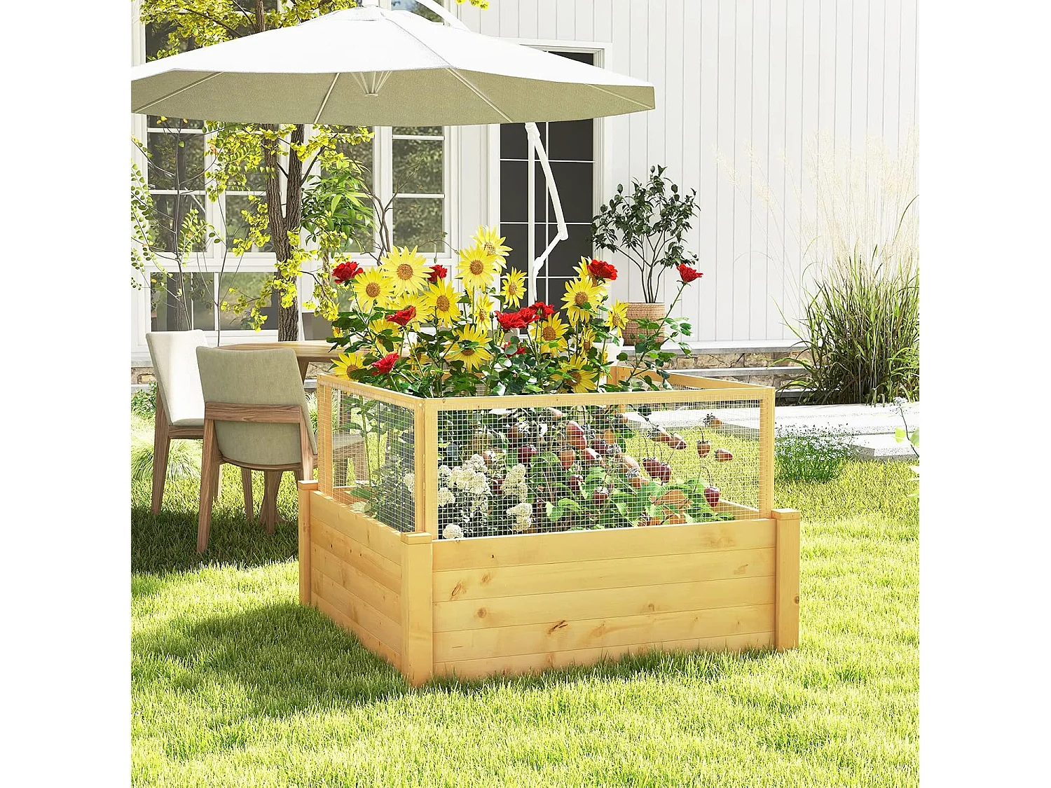 Verhoogd bloembed met hek, houten plantenbak met 4-zijdige bescherming en 9 plantenoppervlakken, bloembak voor groenten, fruit, kruiden, 107 x 107 x 70 cm