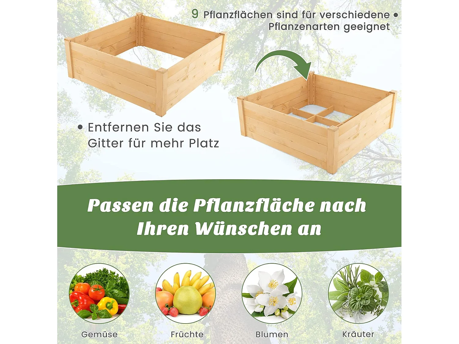 Verhoogd bloembed met hek, houten plantenbak met 4-zijdige bescherming en 9 plantenoppervlakken, bloembak voor groenten, fruit, kruiden, 107 x 107 x 70 cm