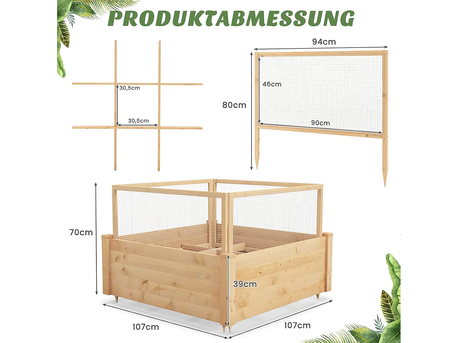 Verhoogd bloembed met hek, houten plantenbak met 4-zijdige bescherming en 9 plantenoppervlakken, bloembak voor groenten, fruit, kruiden, 107 x 107 x 70 cm