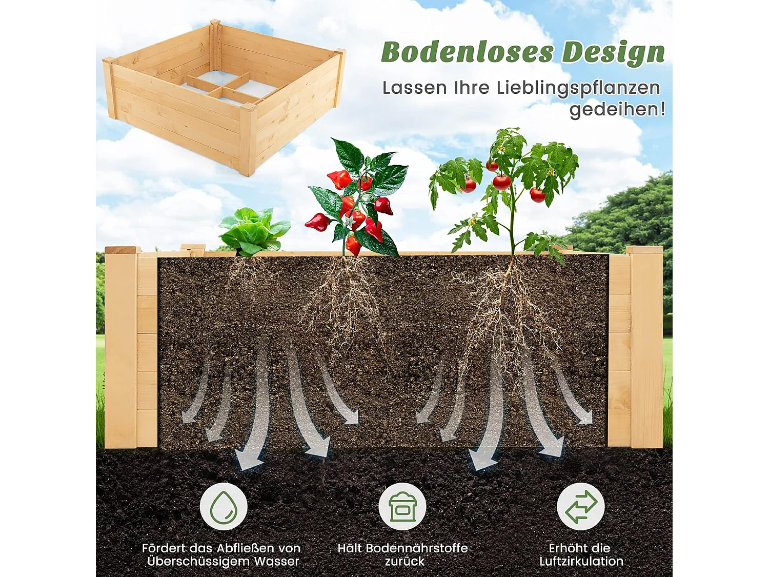 Verhoogd bloembed met hek, houten plantenbak met 4-zijdige bescherming en 9 plantenoppervlakken, bloembak voor groenten, fruit, kruiden, 107 x 107 x 70 cm