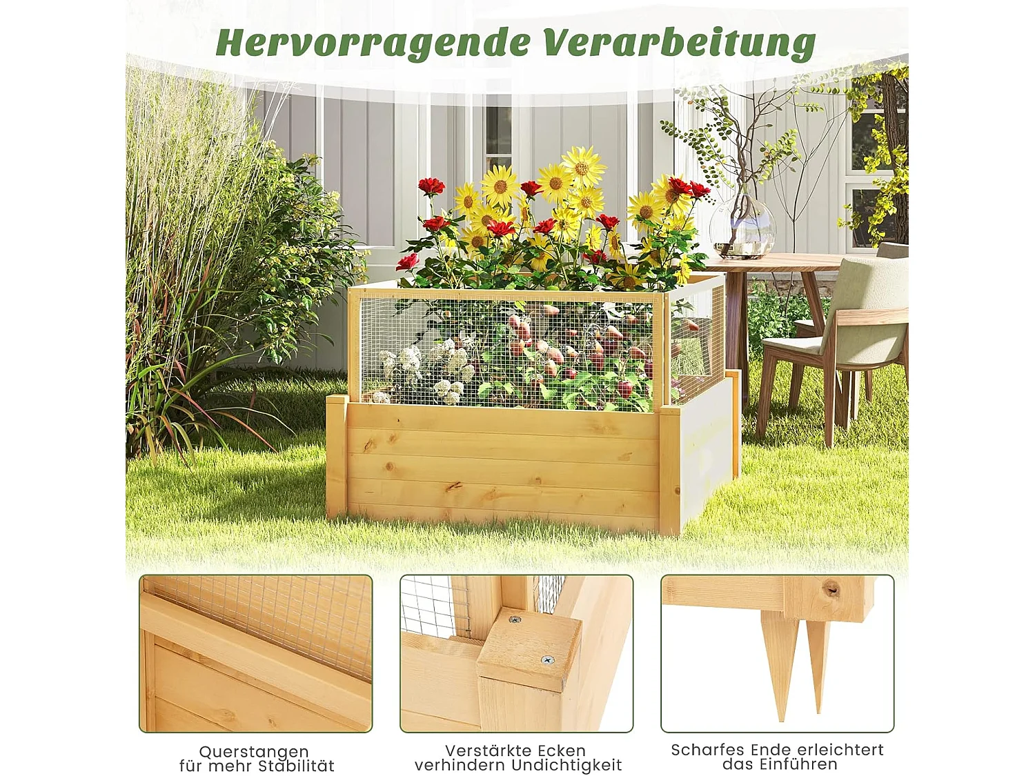 Verhoogd bloembed met hek, houten plantenbak met 4-zijdige bescherming en 9 plantenoppervlakken, bloembak voor groenten, fruit, kruiden, 107 x 107 x 70 cm