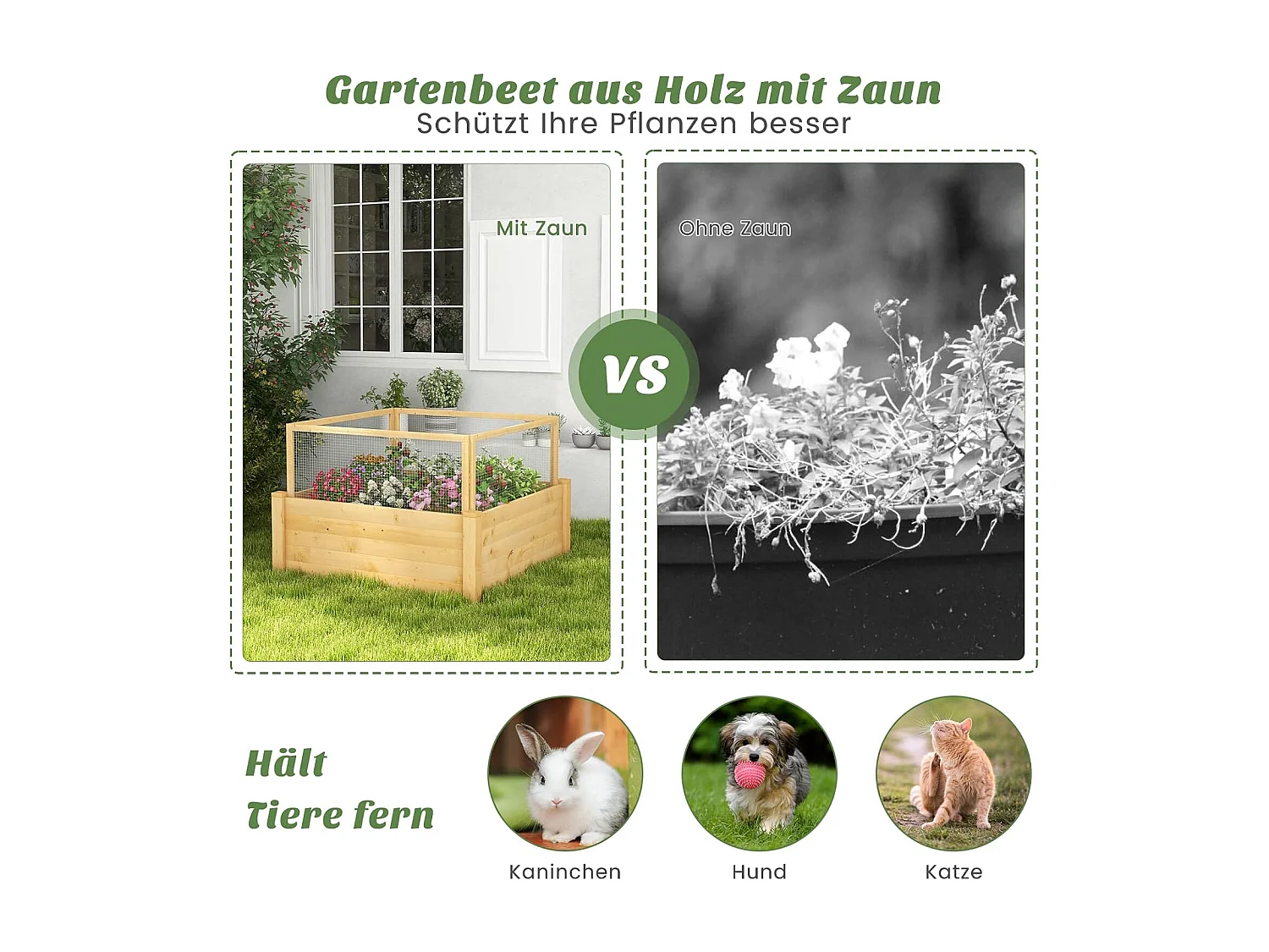 Verhoogd bloembed met hek, houten plantenbak met 4-zijdige bescherming en 9 plantenoppervlakken, bloembak voor groenten, fruit, kruiden, 107 x 107 x 70 cm