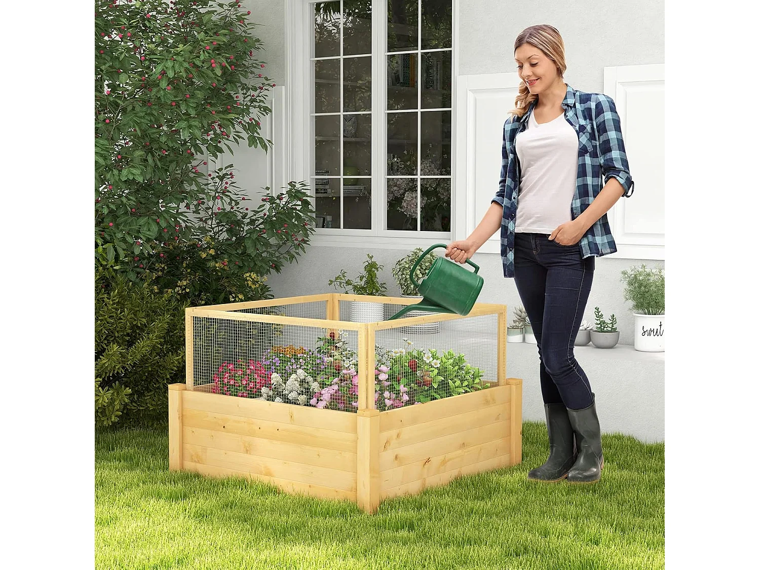 Verhoogd bloembed met hek, houten plantenbak met 4-zijdige bescherming en 9 plantenoppervlakken, bloembak voor groenten, fruit, kruiden, 107 x 107 x 70 cm