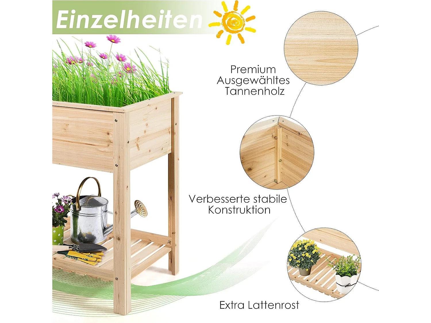 Verhoogd bloembed met plank, plantenbak, houten plantenbak, bloembed, kruidenbak, plantenbak, groot, kweekbed voor tuin, balkon, 92 x 41 x 81 cm