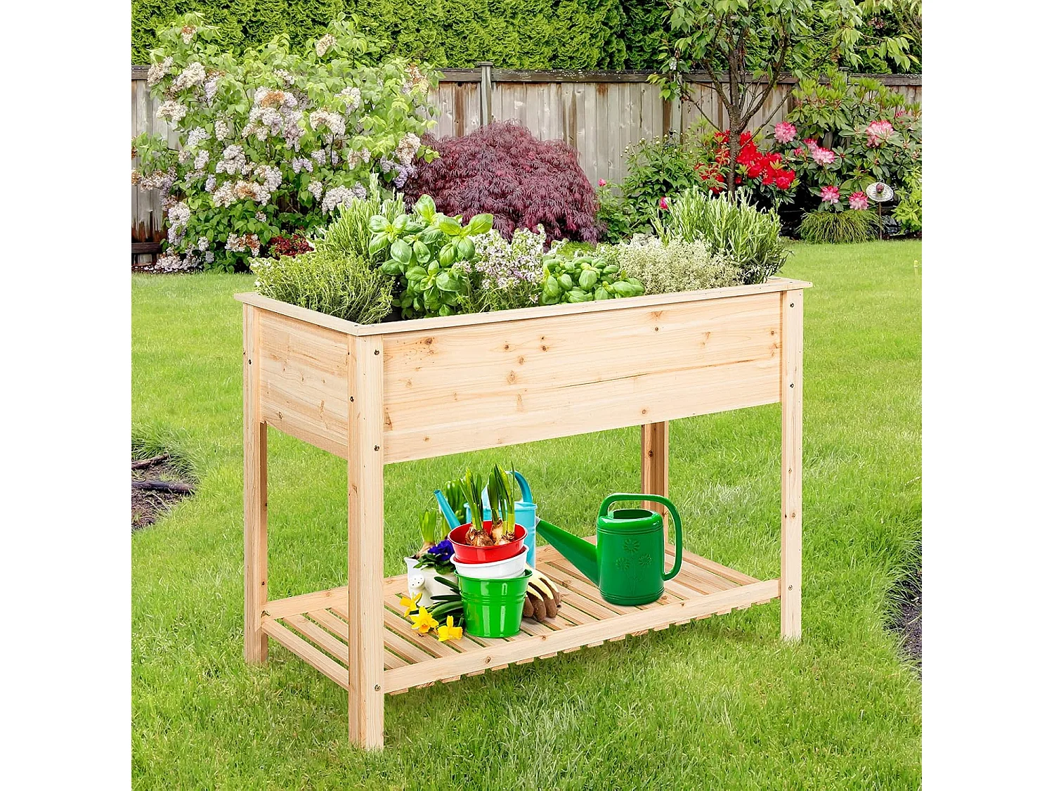 Verhoogd bloembed met plank, plantenbak, houten plantenbak, bloembed, kruidenbak, plantenbak, groot, kweekbed voor tuin, balkon, 92 x 41 x 81 cm