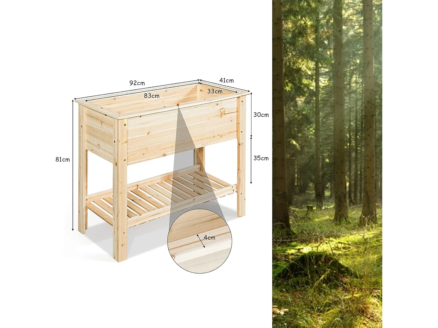 Verhoogd bloembed met plank, plantenbak, houten plantenbak, bloembed, kruidenbak, plantenbak, groot, kweekbed voor tuin, balkon, 92 x 41 x 81 cm