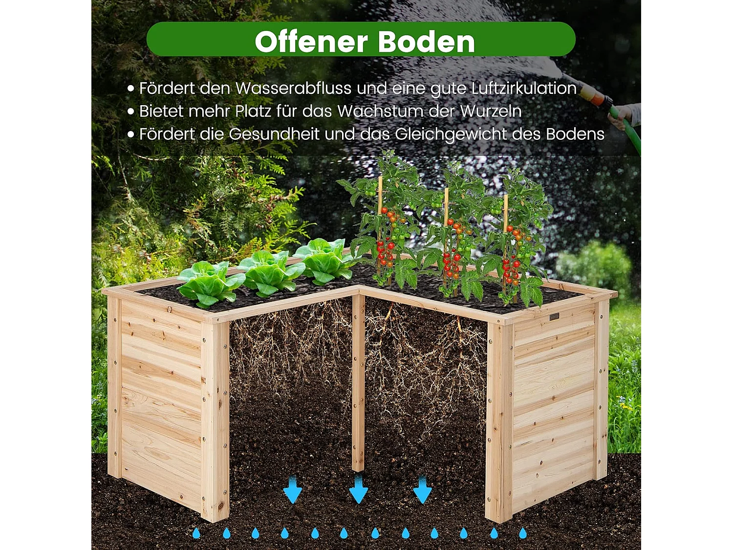 Verhoogd bloembed, tuinbed, hout, plantenbak voor balkon, tuin, terras, L-vormig, kruidenbed, plantenbak, opzetframe, 120 x 120 x 63 cm, naturel SF6262