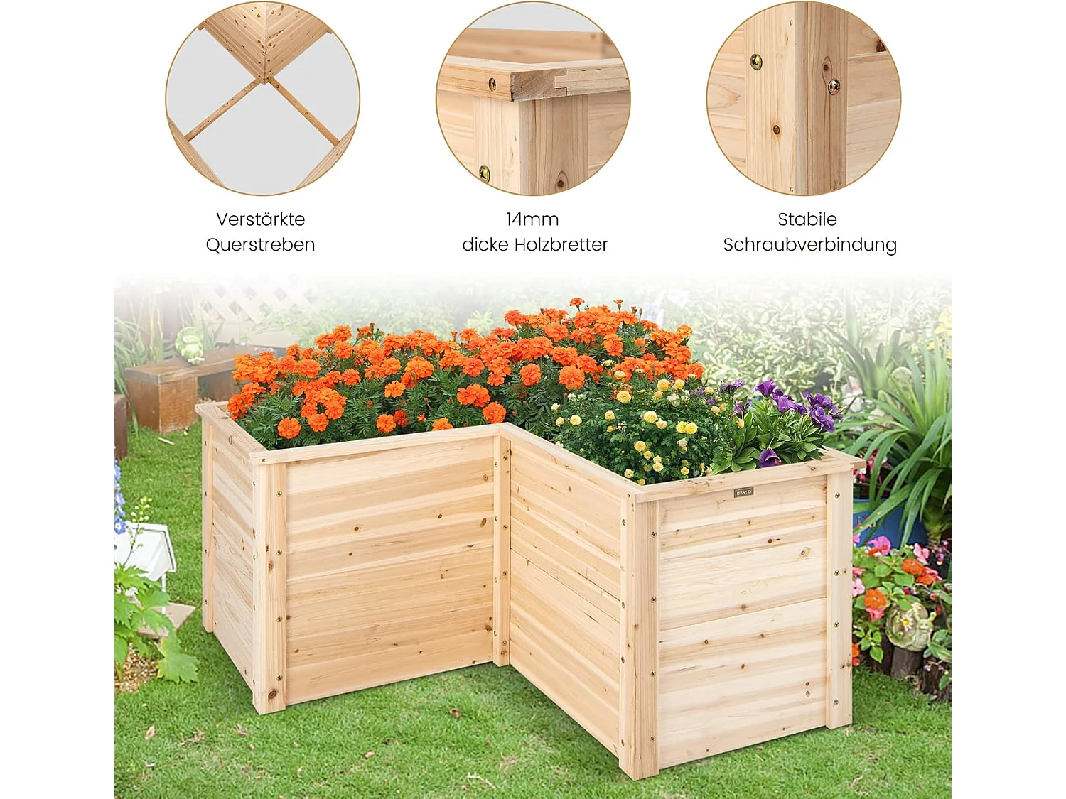 Verhoogd bloembed, tuinbed, hout, plantenbak voor balkon, tuin, terras, L-vormig, kruidenbed, plantenbak, opzetframe, 120 x 120 x 63 cm, naturel SF6262