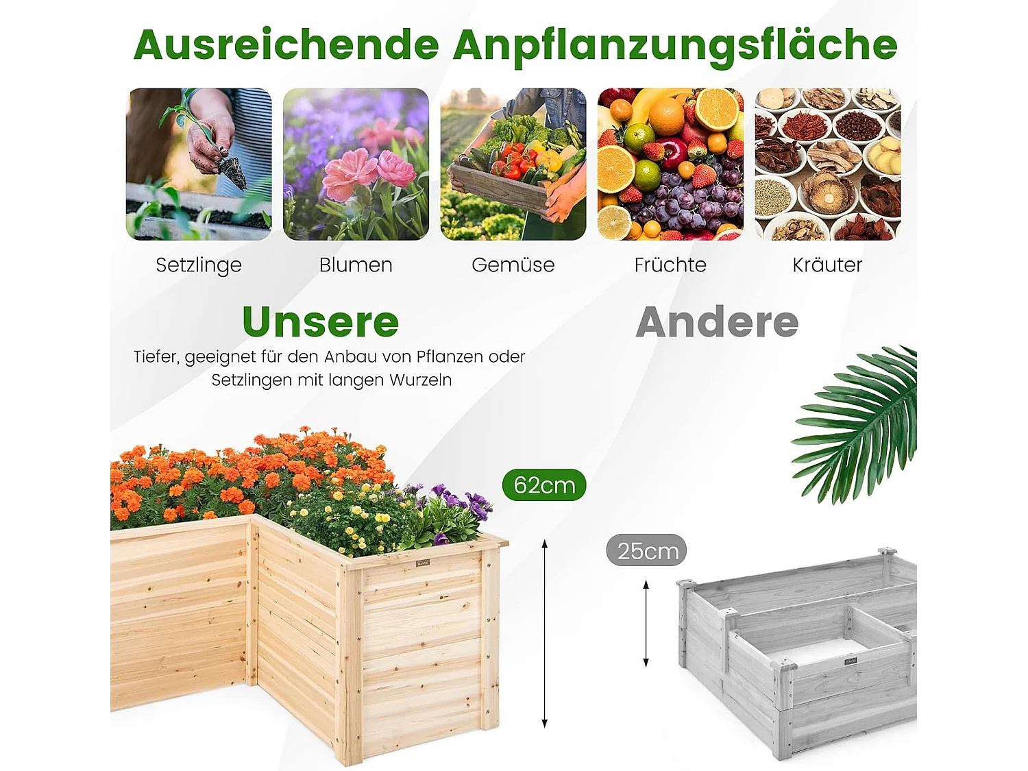 Verhoogd bloembed, tuinbed, hout, plantenbak voor balkon, tuin, terras, L-vormig, kruidenbed, plantenbak, opzetframe, 120 x 120 x 63 cm, naturel SF6262