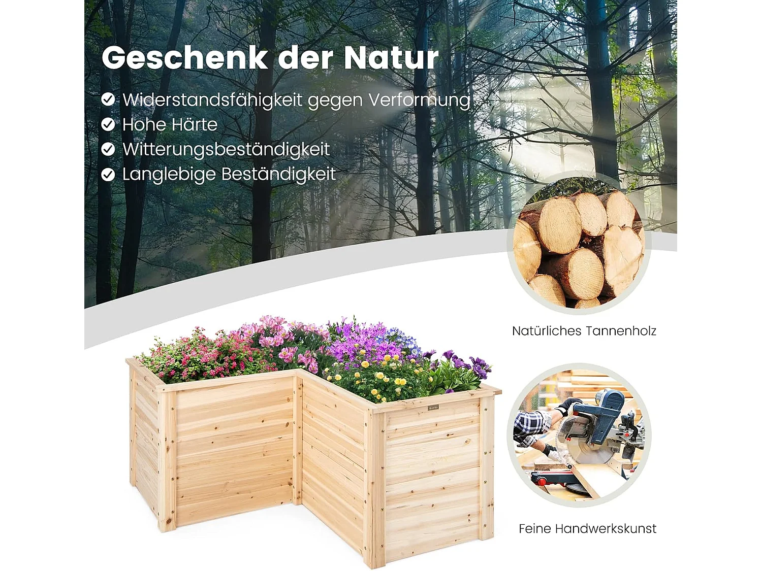 Verhoogd bloembed, tuinbed, hout, plantenbak voor balkon, tuin, terras, L-vormig, kruidenbed, plantenbak, opzetframe, 120 x 120 x 63 cm, naturel SF6262