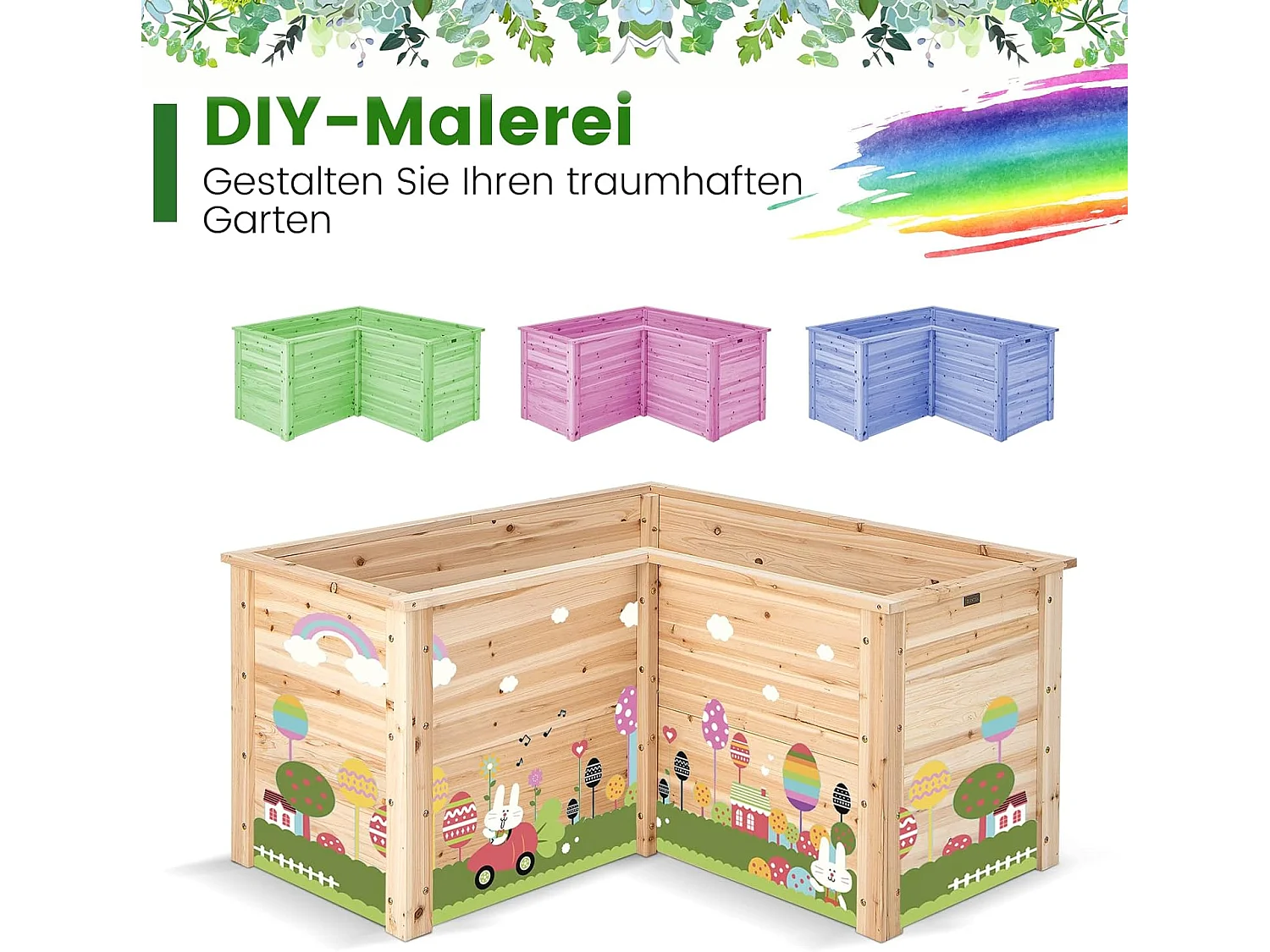 Verhoogd bloembed, tuinbed, hout, plantenbak voor balkon, tuin, terras, L-vormig, kruidenbed, plantenbak, opzetframe, 120 x 120 x 63 cm, naturel SF6262