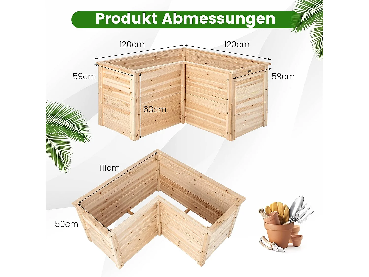 Verhoogd bloembed, tuinbed, hout, plantenbak voor balkon, tuin, terras, L-vormig, kruidenbed, plantenbak, opzetframe, 120 x 120 x 63 cm, naturel SF6262