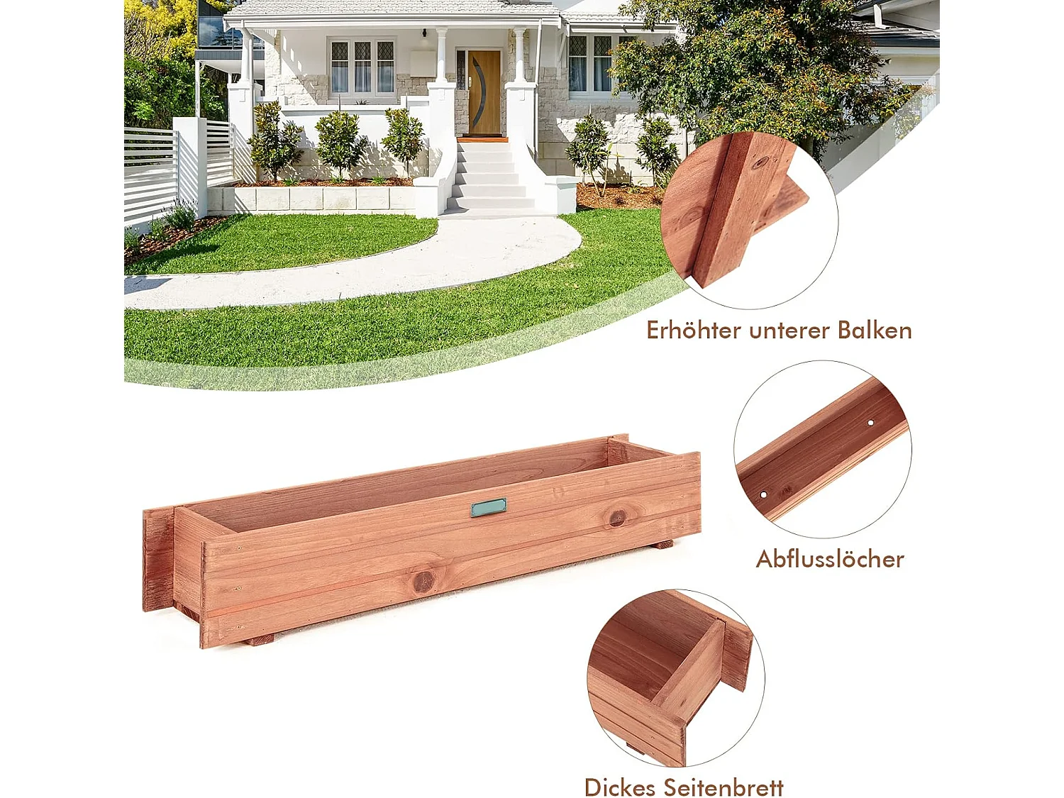 Verhoogd bloembed van hout, tuinbed, 91,5 x 18 x 16 cm, voor groenten, fruit, kruiden, plantenbak voor tuin, gazon, terras, balkon, geen montage nodig, bruin