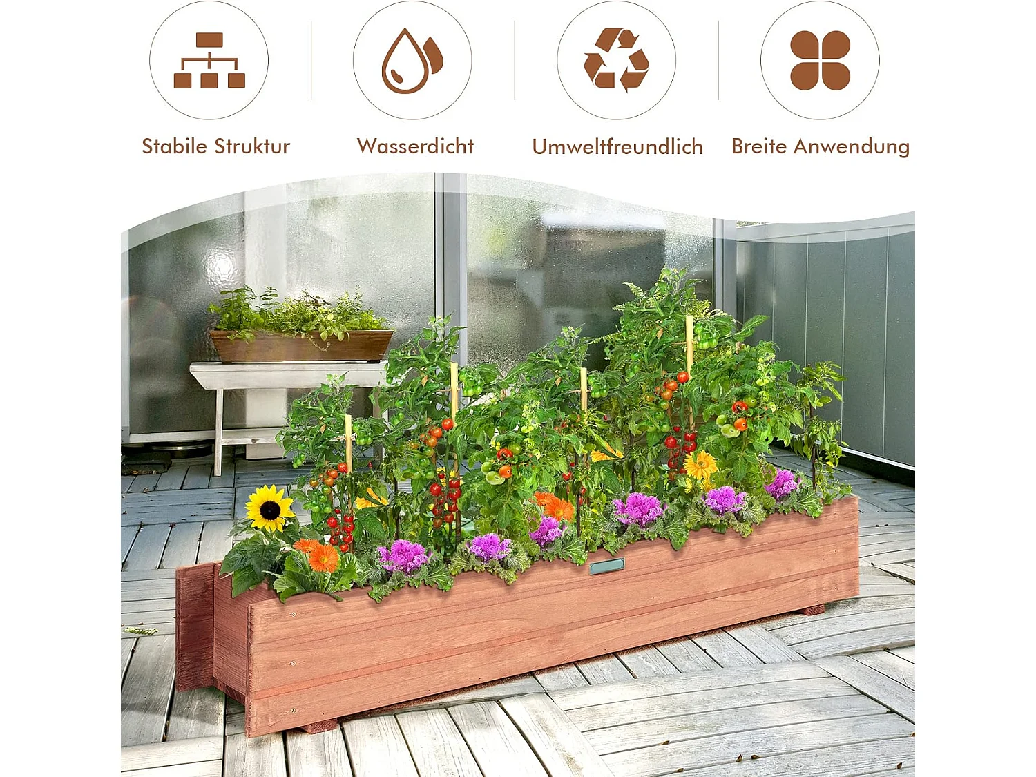 Verhoogd bloembed van hout, tuinbed, 91,5 x 18 x 16 cm, voor groenten, fruit, kruiden, plantenbak voor tuin, gazon, terras, balkon, geen montage nodig, bruin