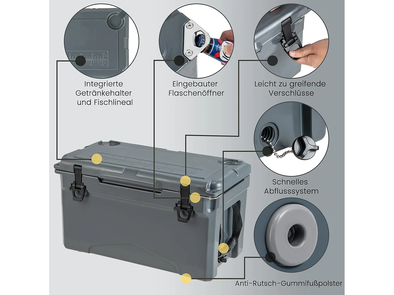 Thermobox, koelbox, draagbaar, warmtecontainer met flesopener en bekerhouder, thermobox, voedseltransportcontainer voor camping, picknick, 28 liter (grijs) SB33957
