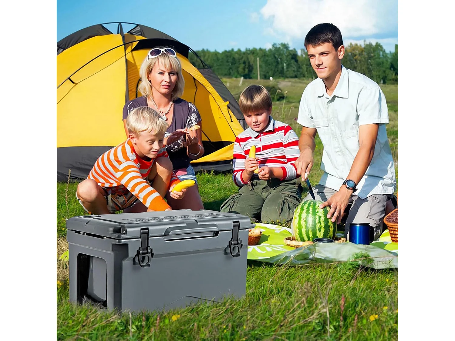 Thermobox, koelbox, draagbaar, warmtecontainer met flesopener en bekerhouder, thermobox, voedseltransportcontainer voor camping, picknick, 28 liter (grijs) SB33957