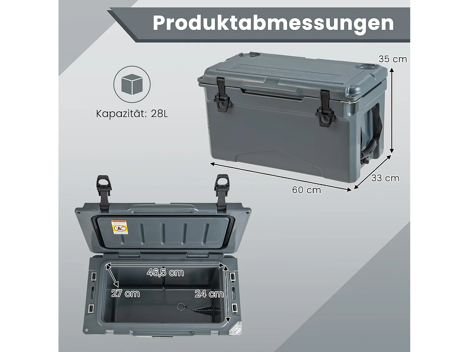 Thermobox, koelbox, draagbaar, warmtecontainer met flesopener en bekerhouder, thermobox, voedseltransportcontainer voor camping, picknick, 28 liter (grijs) SB33957