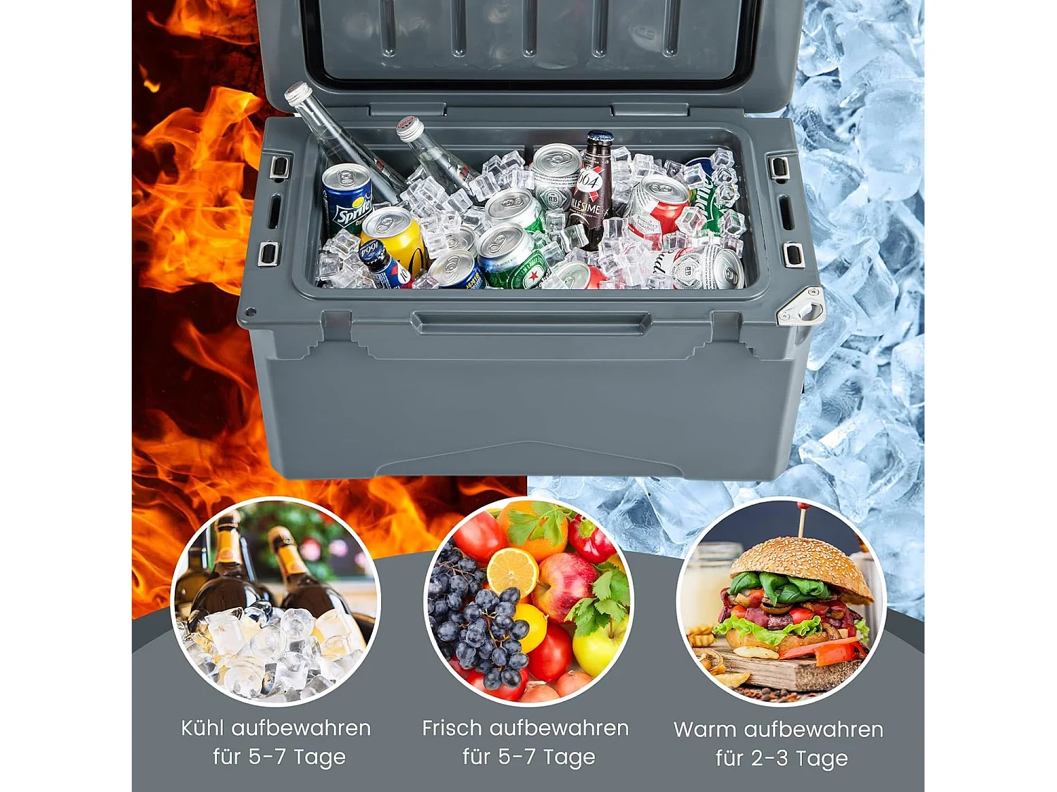 Thermobox, koelbox, draagbaar, warmtecontainer met flesopener en bekerhouder, thermobox, voedseltransportcontainer voor camping, picknick, 28 liter (grijs) SB33957