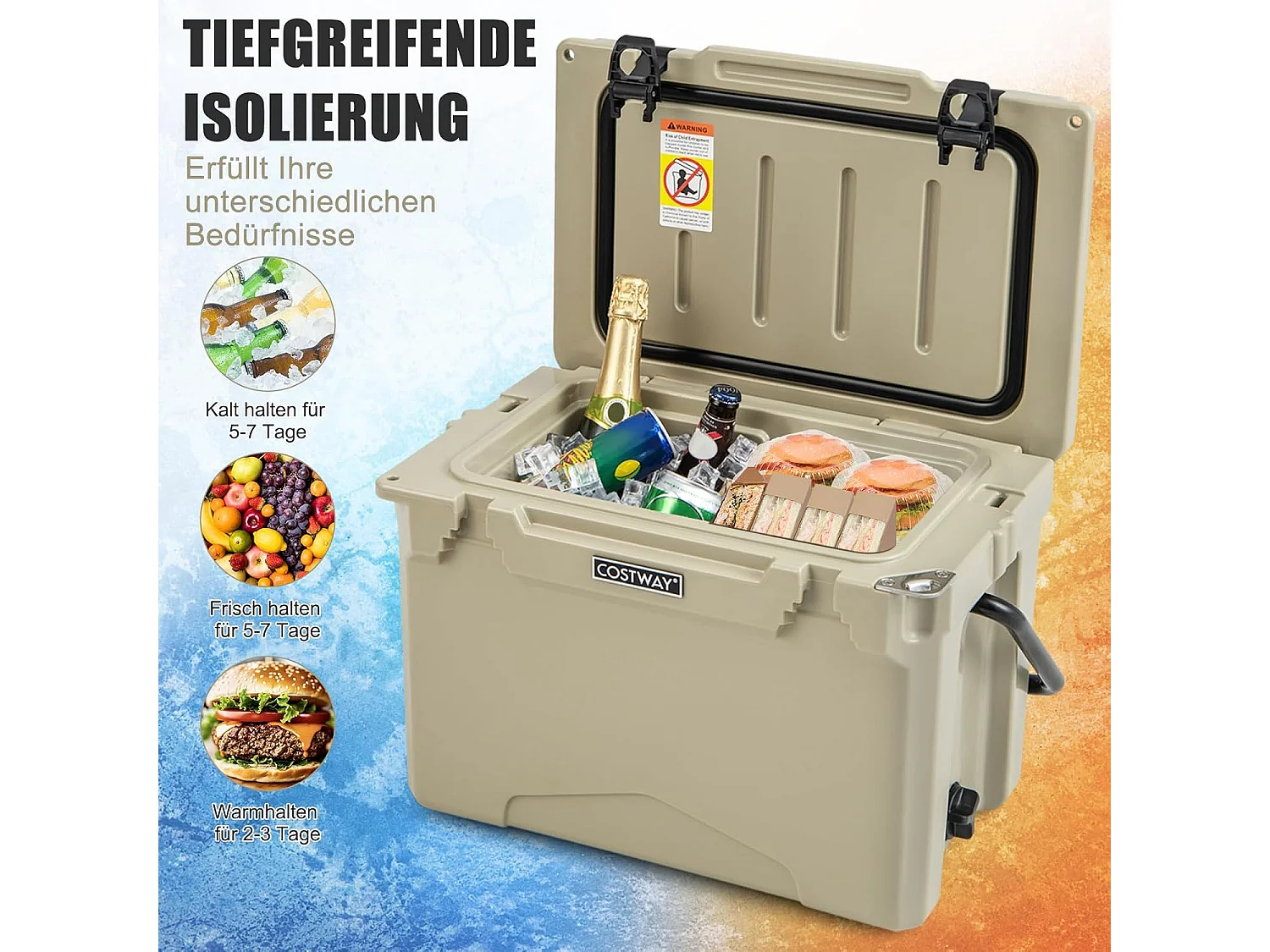 Thermobox, koelbox, draagbaar, warmtecontainer met flesopener en handvat, thermobox, voedseltransportcontainer voor camping, picknick, 21 liter (Kahki) SB33958