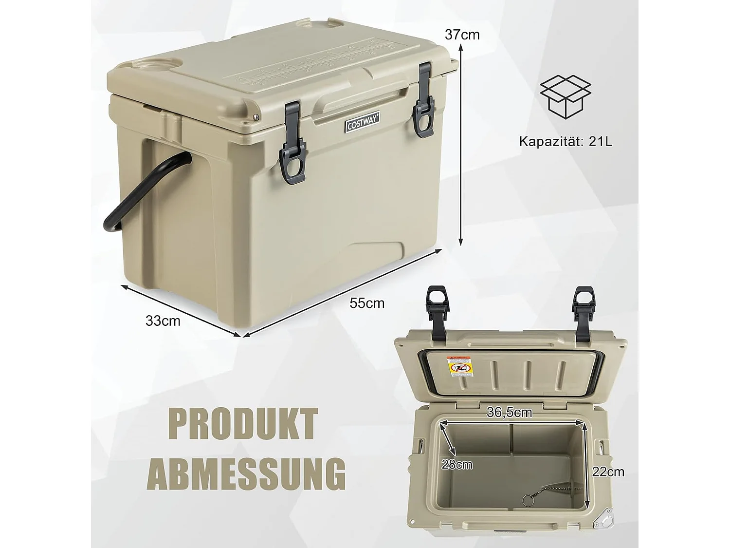 Thermobox, koelbox, draagbaar, warmtecontainer met flesopener en handvat, thermobox, voedseltransportcontainer voor camping, picknick, 21 liter (Kahki) SB33958