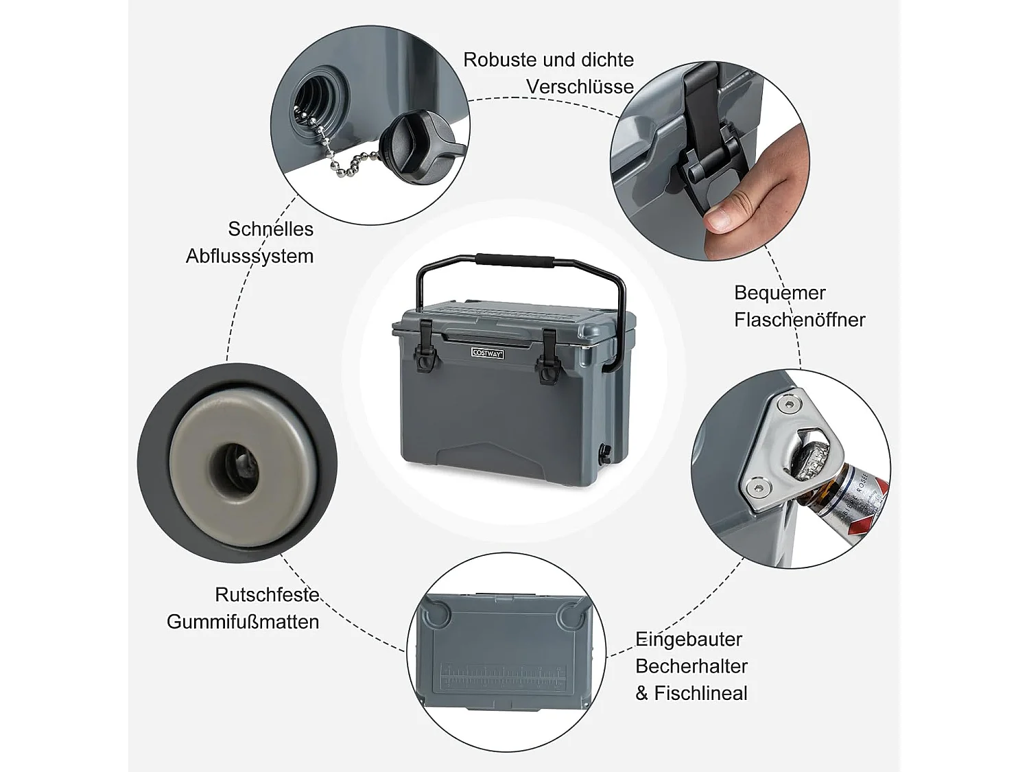 Isolatiebox, koelbox, draagbaar, warmtecontainer met flesopener en handvat, thermobox, voedseltransportcontainer voor camping, picknick, 21 liter (grijs) SB33958