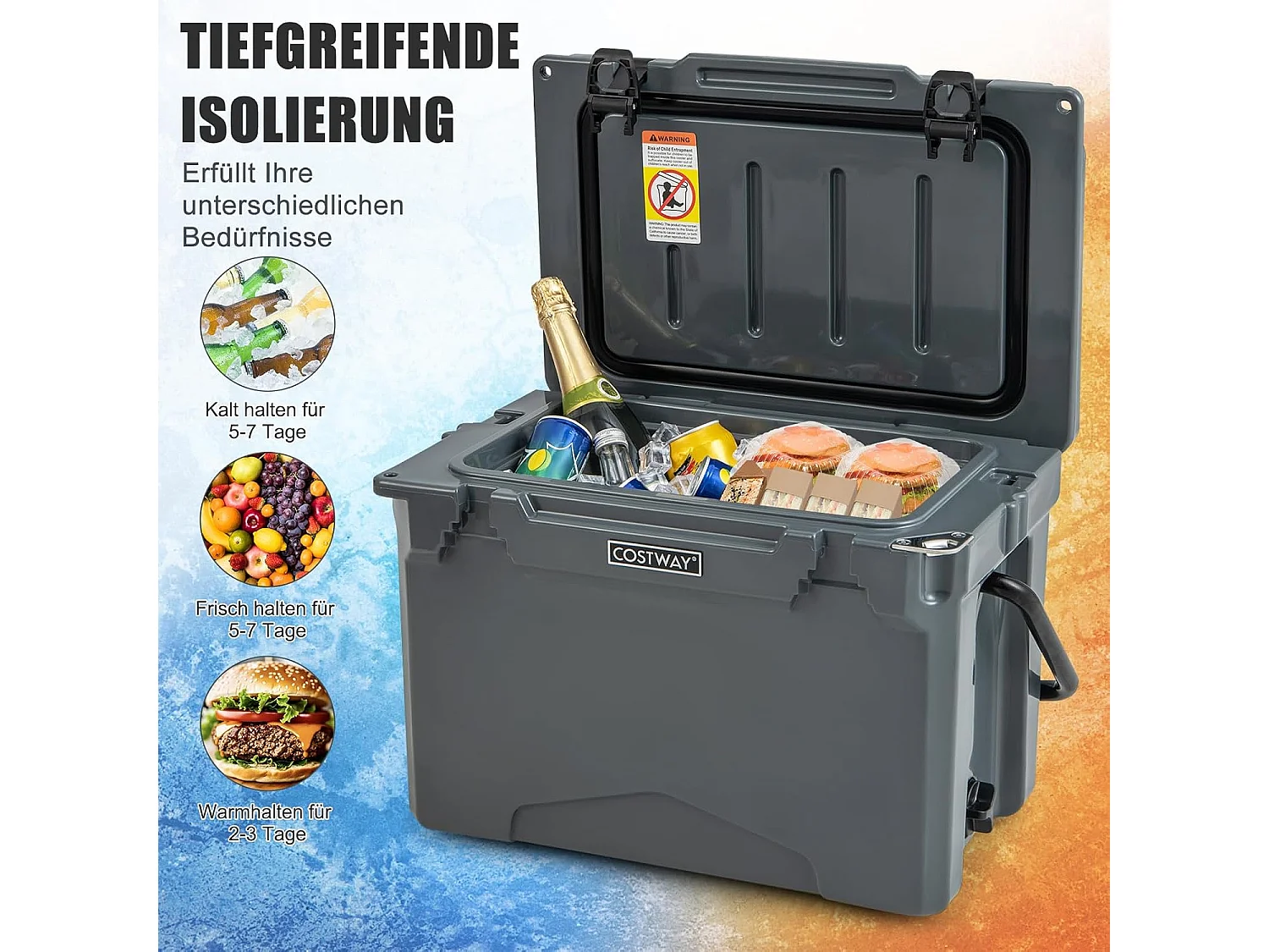 Isolatiebox, koelbox, draagbaar, warmtecontainer met flesopener en handvat, thermobox, voedseltransportcontainer voor camping, picknick, 21 liter (grijs) SB33958