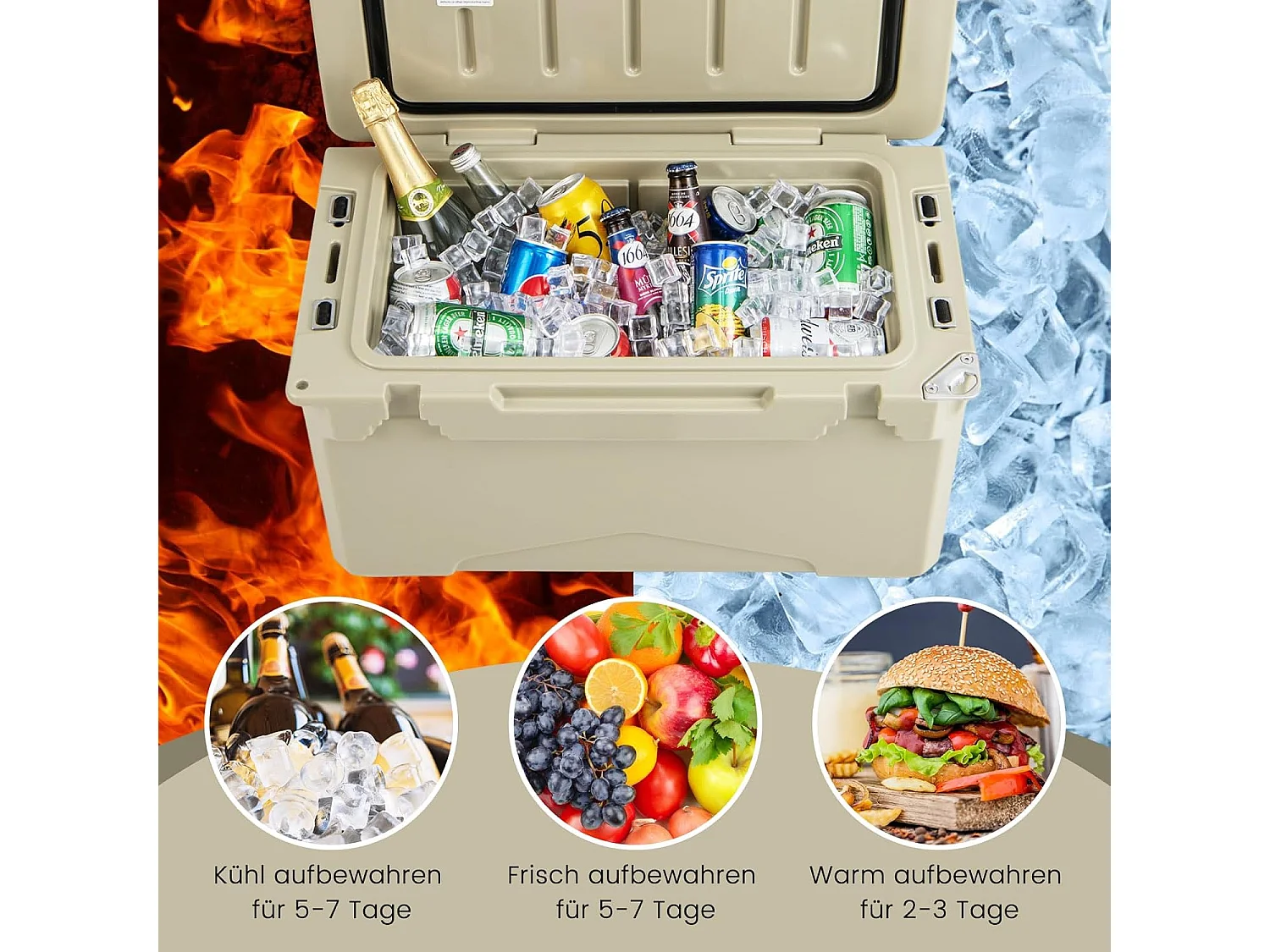 Isolatiebox, koelbox, draagbaar, warmtecontainer met flesopener en bekerhouder, thermobox, voedseltransportcontainer voor camping, picknick, 28 liter (kaki)SB33957
