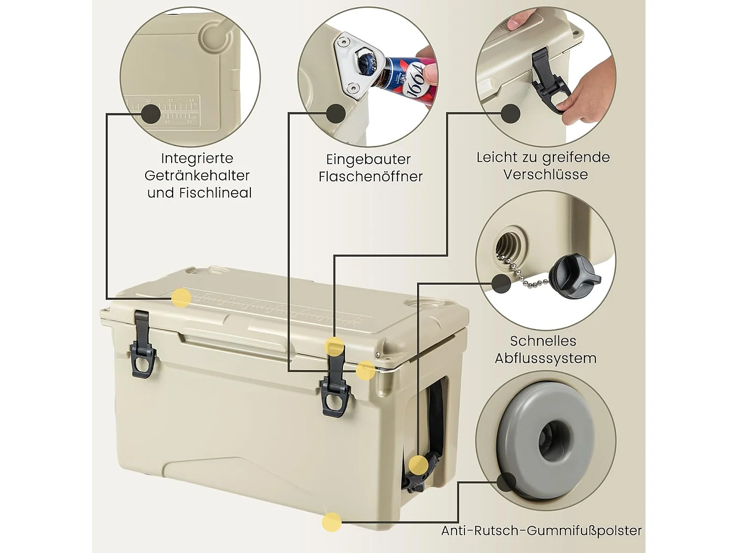 Isolatiebox, koelbox, draagbaar, warmtecontainer met flesopener en bekerhouder, thermobox, voedseltransportcontainer voor camping, picknick, 28 liter (kaki)SB33957