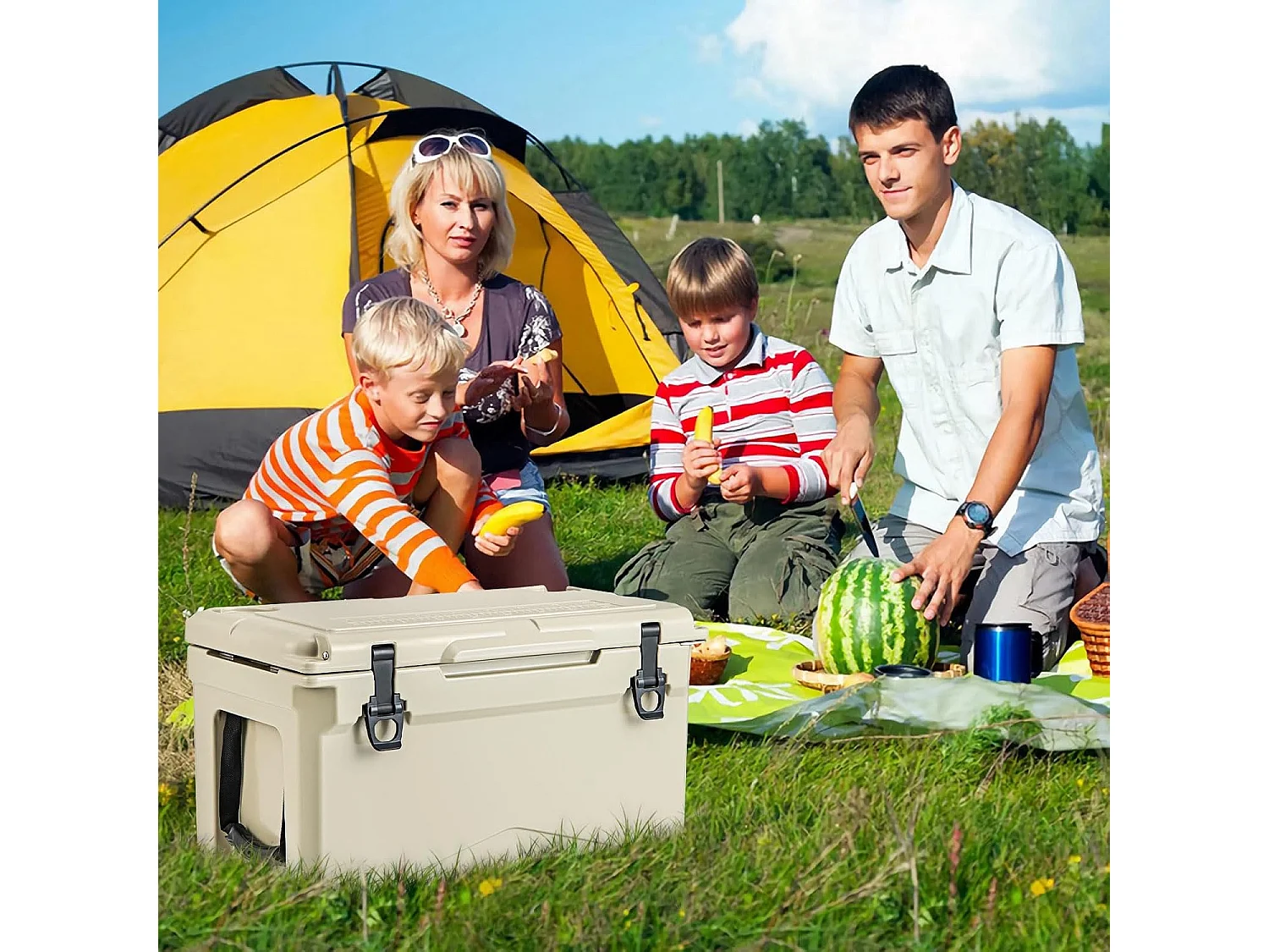 Isolatiebox, koelbox, draagbaar, warmtecontainer met flesopener en bekerhouder, thermobox, voedseltransportcontainer voor camping, picknick, 28 liter (kaki)SB33957