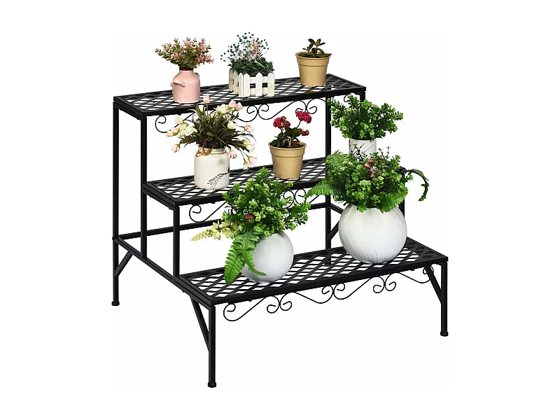 Metalen bloementrap, 3-traps bloemenrek, plantenstandaard, plantenrek met antislip voeten, plantentrap, plantenpotten voor tuin balkon, 70 x 21 x 60,5 cm, zwart