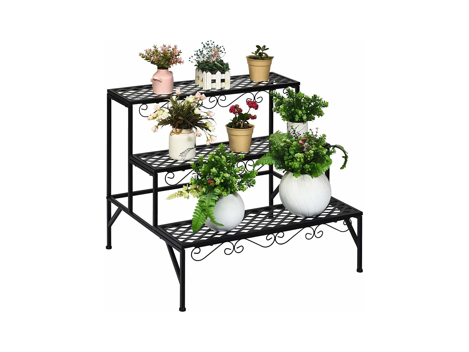 Metalen bloementrap, 3-traps bloemenrek, plantenstandaard, plantenrek met antislip voeten, plantentrap, plantenpotten voor tuin balkon, 70 x 21 x 60,5 cm, zwart