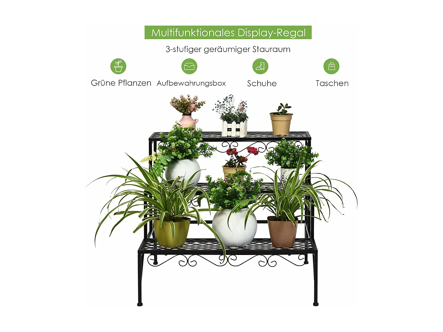 Metalen bloementrap, 3-traps bloemenrek, plantenstandaard, plantenrek met antislip voeten, plantentrap, plantenpotten voor tuin balkon, 70 x 21 x 60,5 cm, zwart