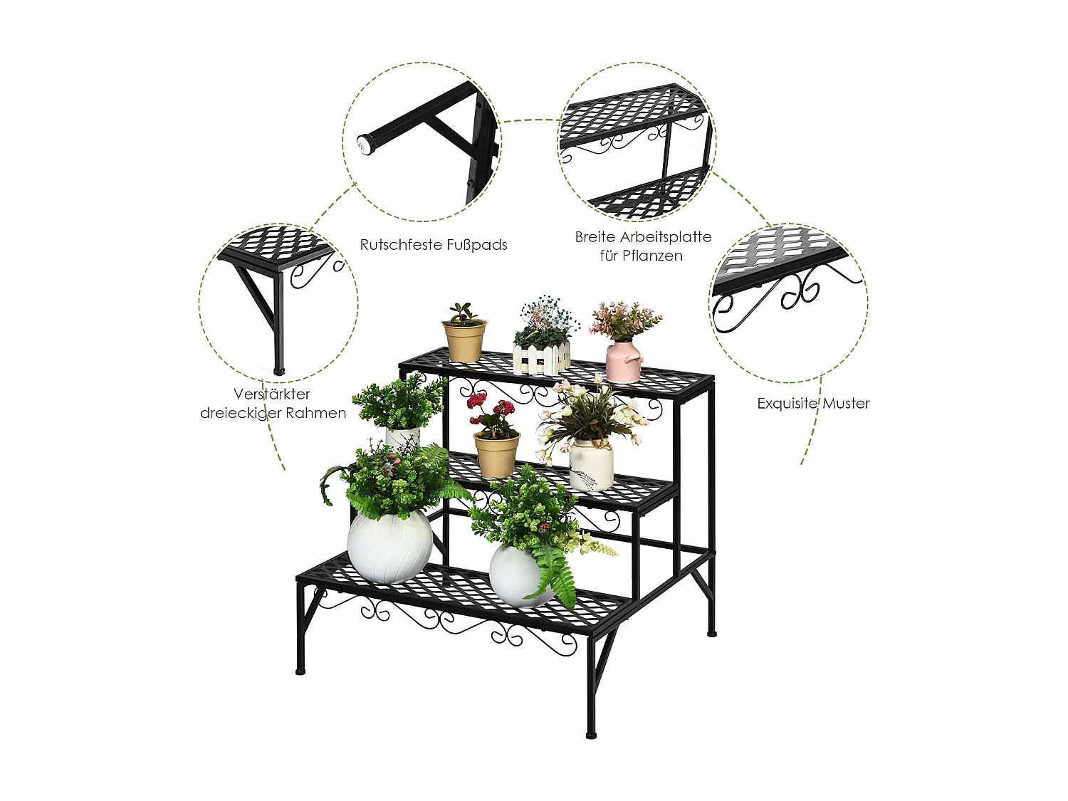 Metalen bloementrap, 3-traps bloemenrek, plantenstandaard, plantenrek met antislip voeten, plantentrap, plantenpotten voor tuin balkon, 70 x 21 x 60,5 cm, zwart
