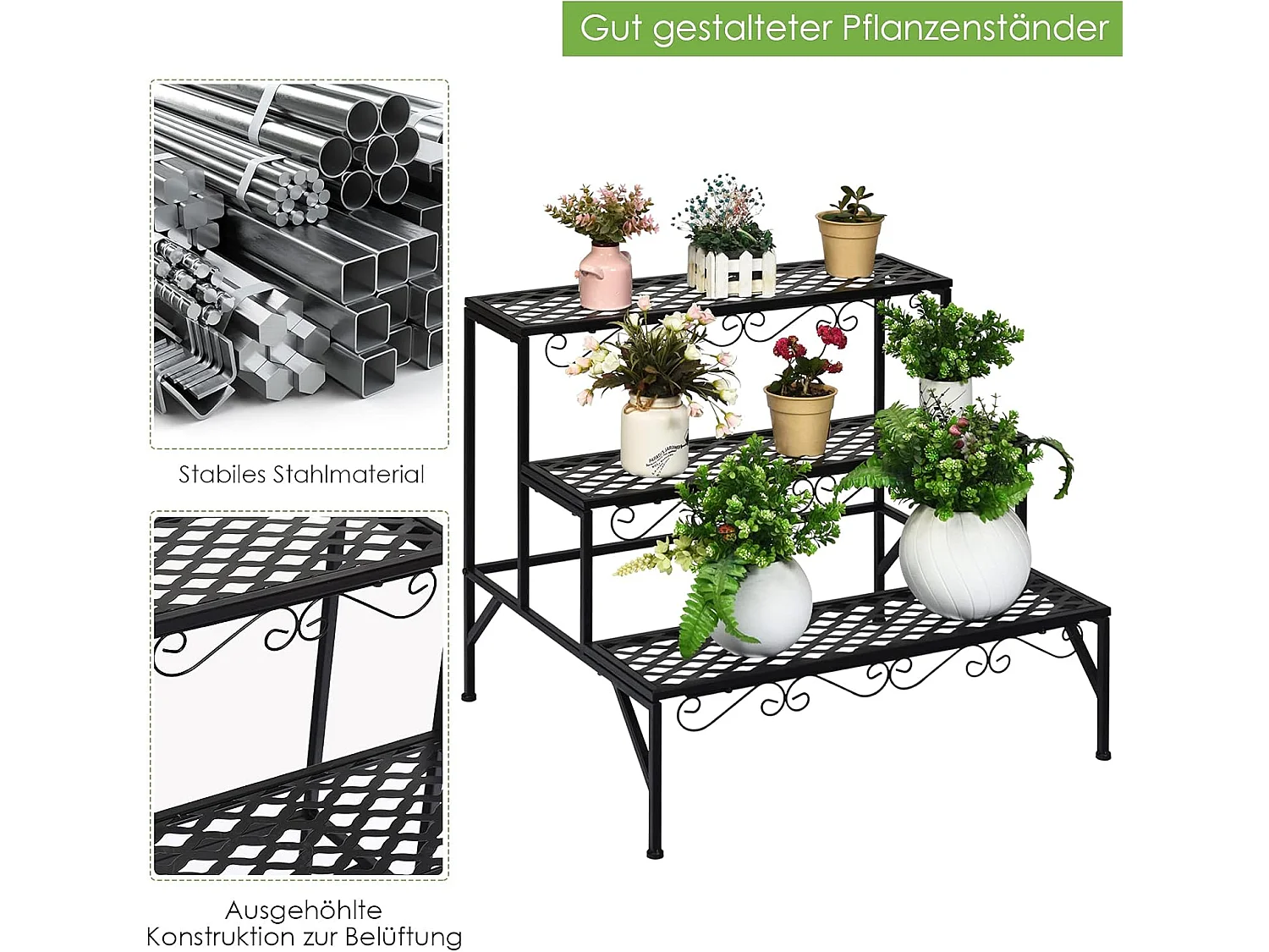 Metalen bloementrap, 3-traps bloemenrek, plantenstandaard, plantenrek met antislip voeten, plantentrap, plantenpotten voor tuin balkon, 70 x 21 x 60,5 cm, zwart