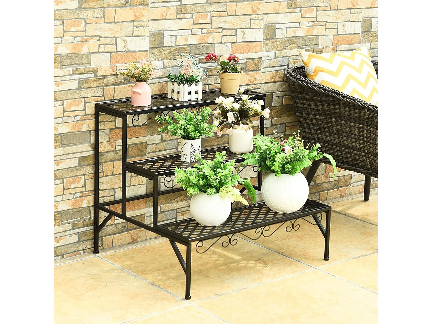 Metalen bloementrap, 3-traps bloemenrek, plantenstandaard, plantenrek met antislip voeten, plantentrap, plantenpotten voor tuin balkon, 70 x 21 x 60,5 cm, zwart