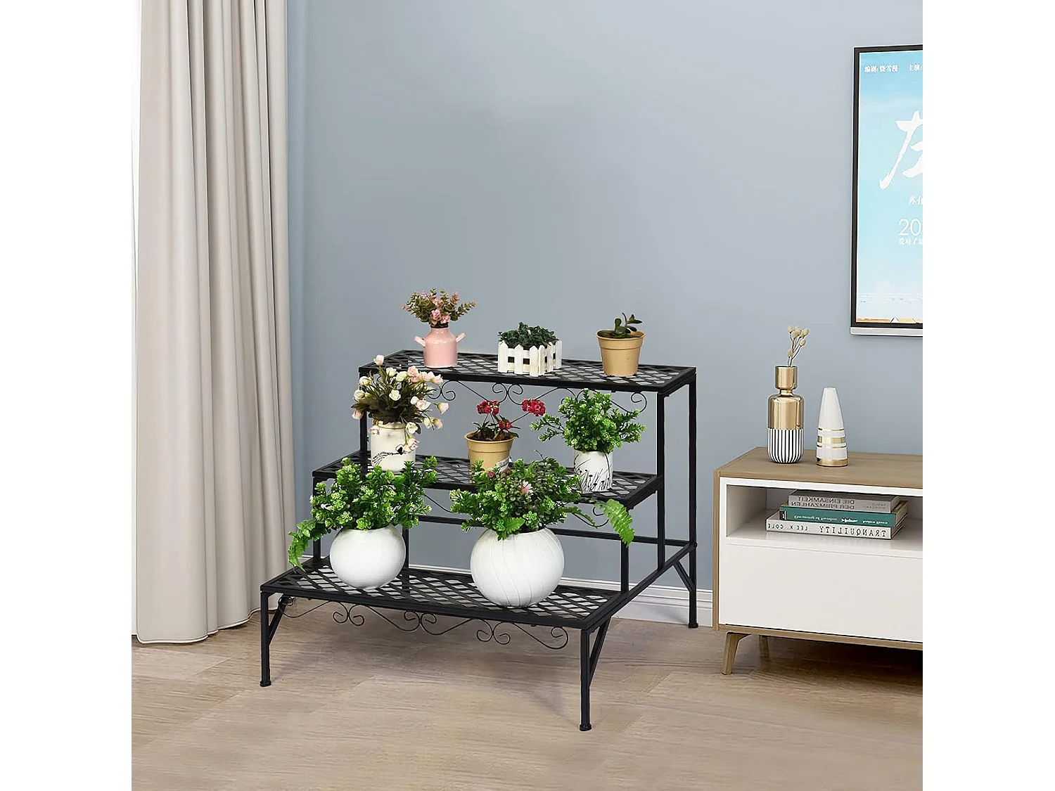 Metalen bloementrap, 3-traps bloemenrek, plantenstandaard, plantenrek met antislip voeten, plantentrap, plantenpotten voor tuin balkon, 70 x 21 x 60,5 cm, zwart