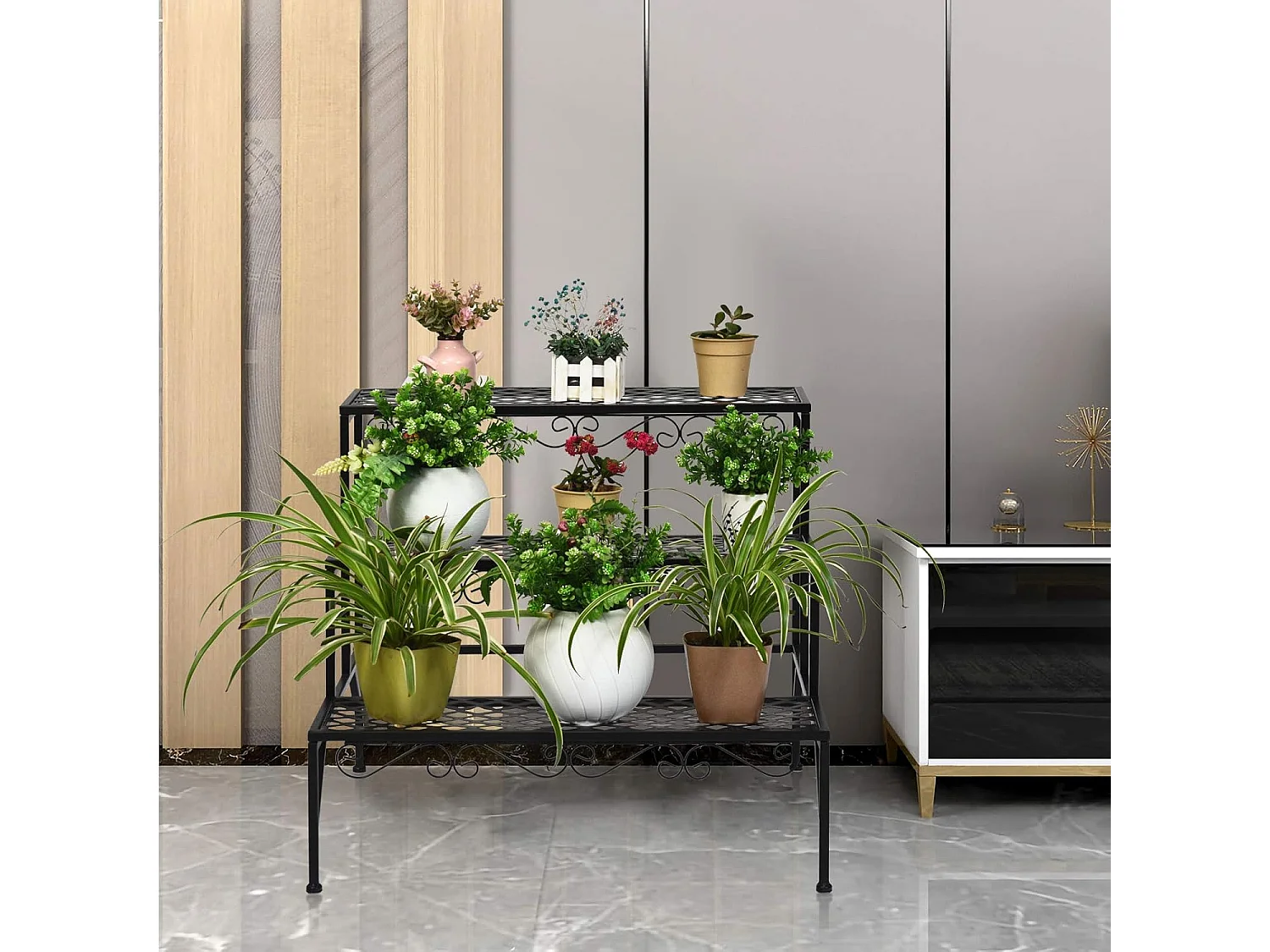 Metalen bloementrap, 3-traps bloemenrek, plantenstandaard, plantenrek met antislip voeten, plantentrap, plantenpotten voor tuin balkon, 70 x 21 x 60,5 cm, zwart