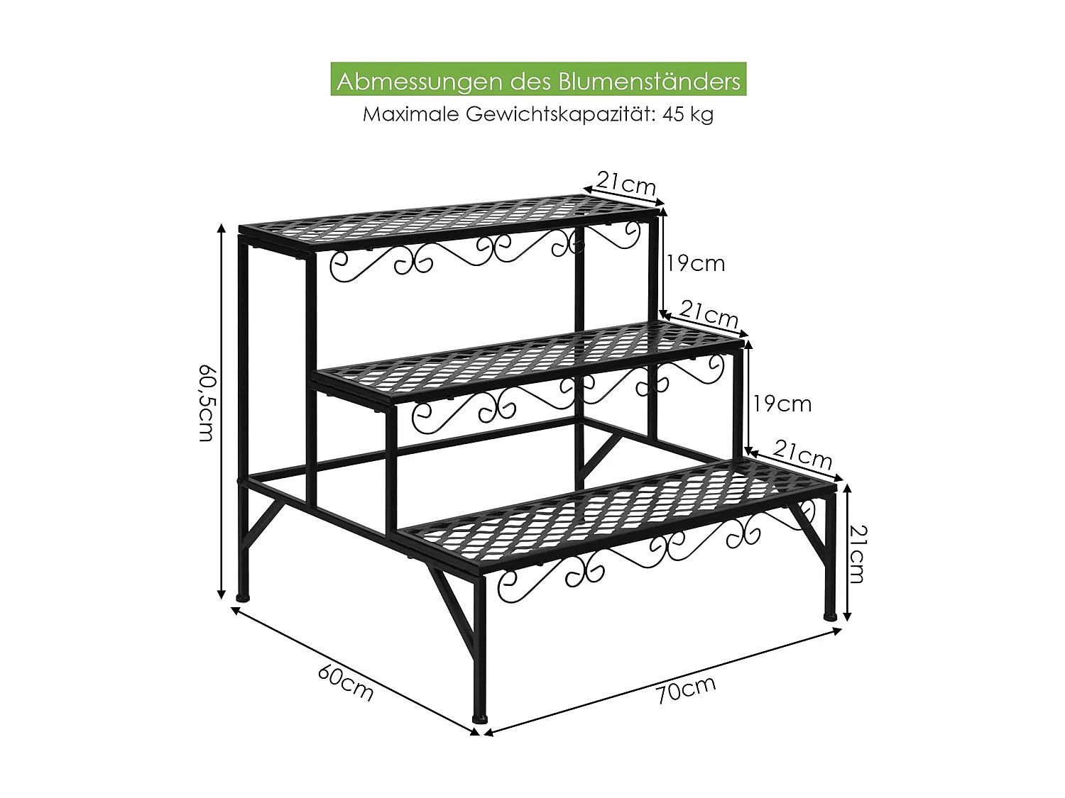 Metalen bloementrap, 3-traps bloemenrek, plantenstandaard, plantenrek met antislip voeten, plantentrap, plantenpotten voor tuin balkon, 70 x 21 x 60,5 cm, zwart