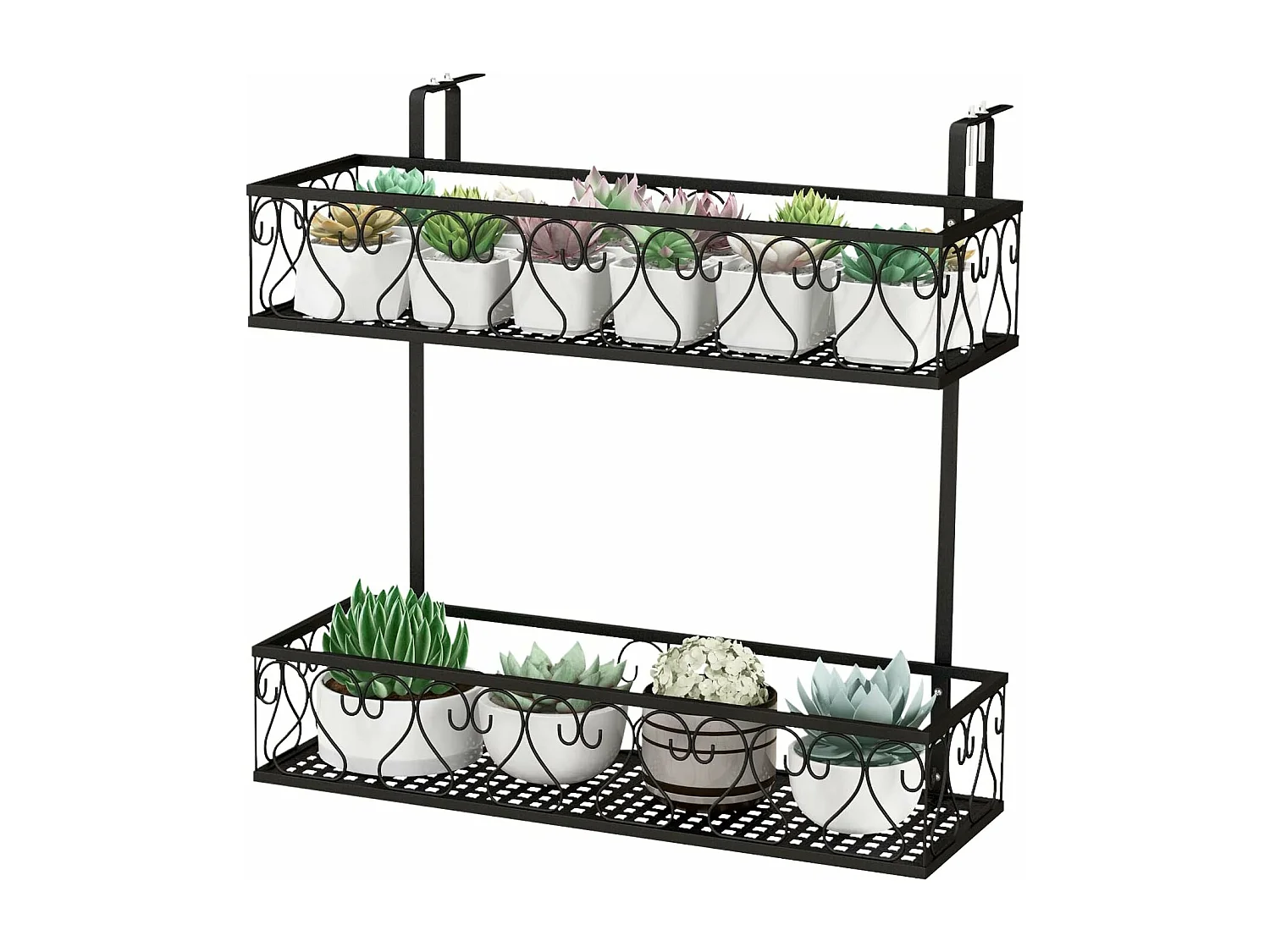 Bloemenrek om op te hangen, metalen bloempothouder, hangrek met verstelbare haken, potplantenhouder voor tuin, balkon, terras, reling, plantenrek, zwart