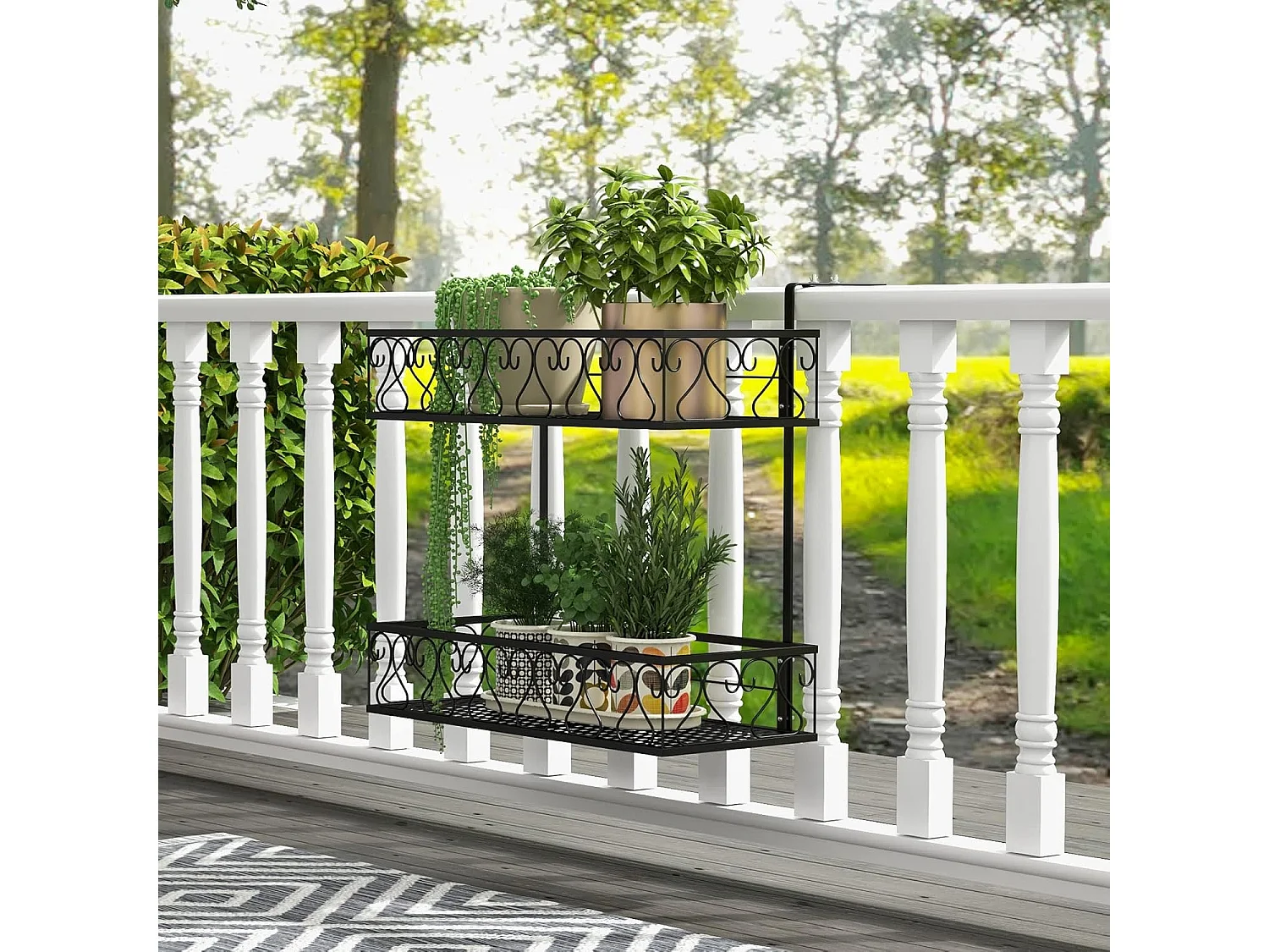 Bloemenrek om op te hangen, metalen bloempothouder, hangrek met verstelbare haken, potplantenhouder voor tuin, balkon, terras, reling, plantenrek, zwart