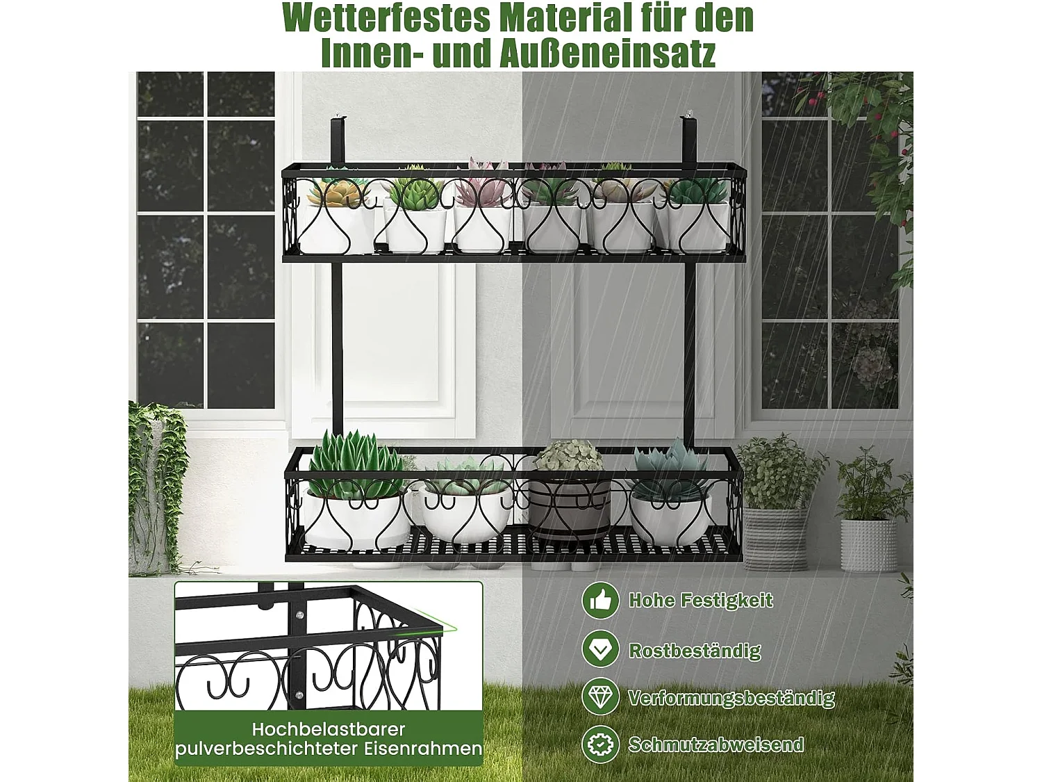 Bloemenrek om op te hangen, metalen bloempothouder, hangrek met verstelbare haken, potplantenhouder voor tuin, balkon, terras, reling, plantenrek, zwart