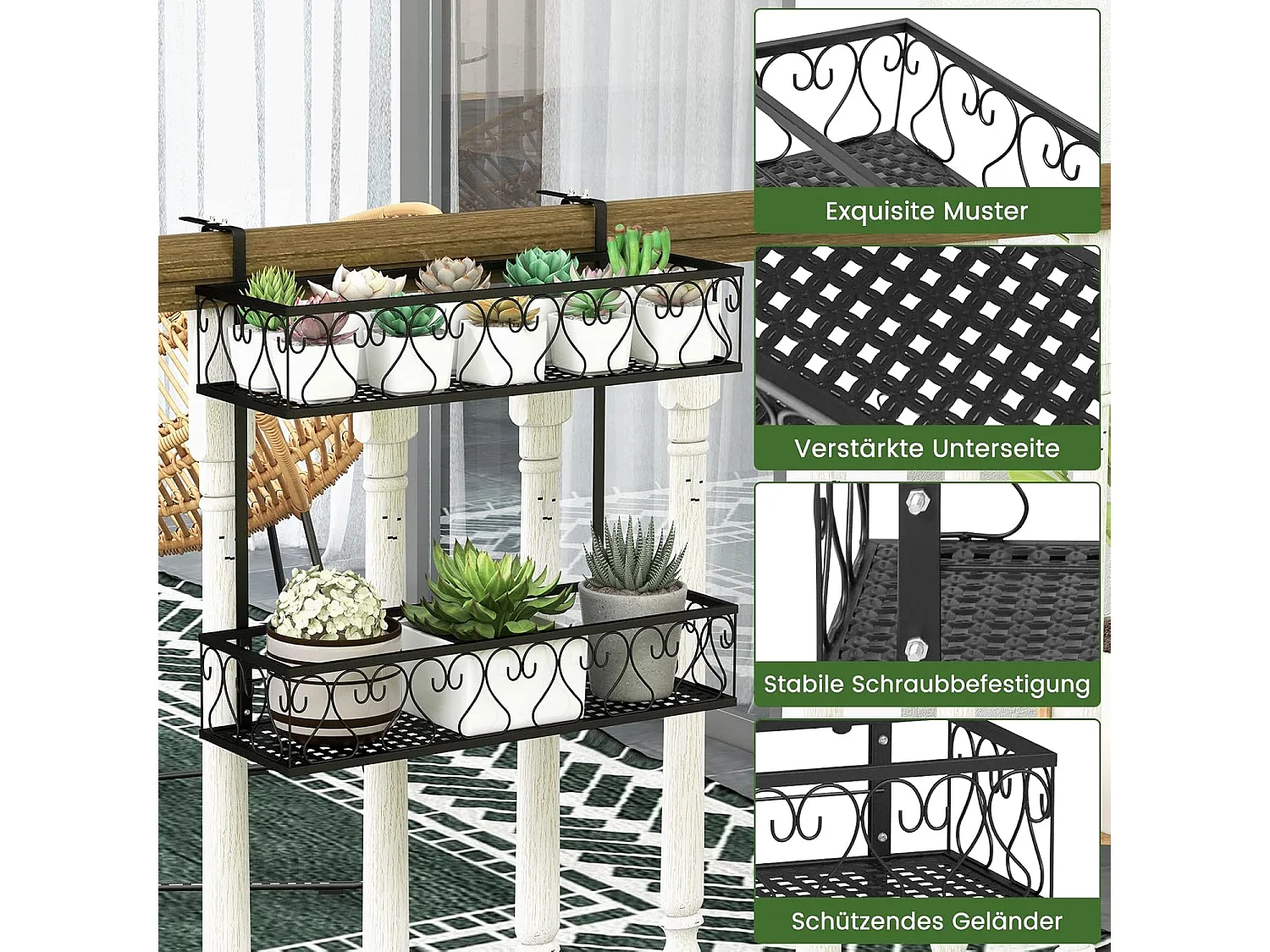Bloemenrek om op te hangen, metalen bloempothouder, hangrek met verstelbare haken, potplantenhouder voor tuin, balkon, terras, reling, plantenrek, zwart