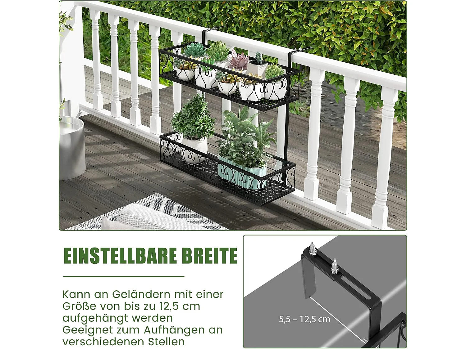 Bloemenrek om op te hangen, metalen bloempothouder, hangrek met verstelbare haken, potplantenhouder voor tuin, balkon, terras, reling, plantenrek, zwart