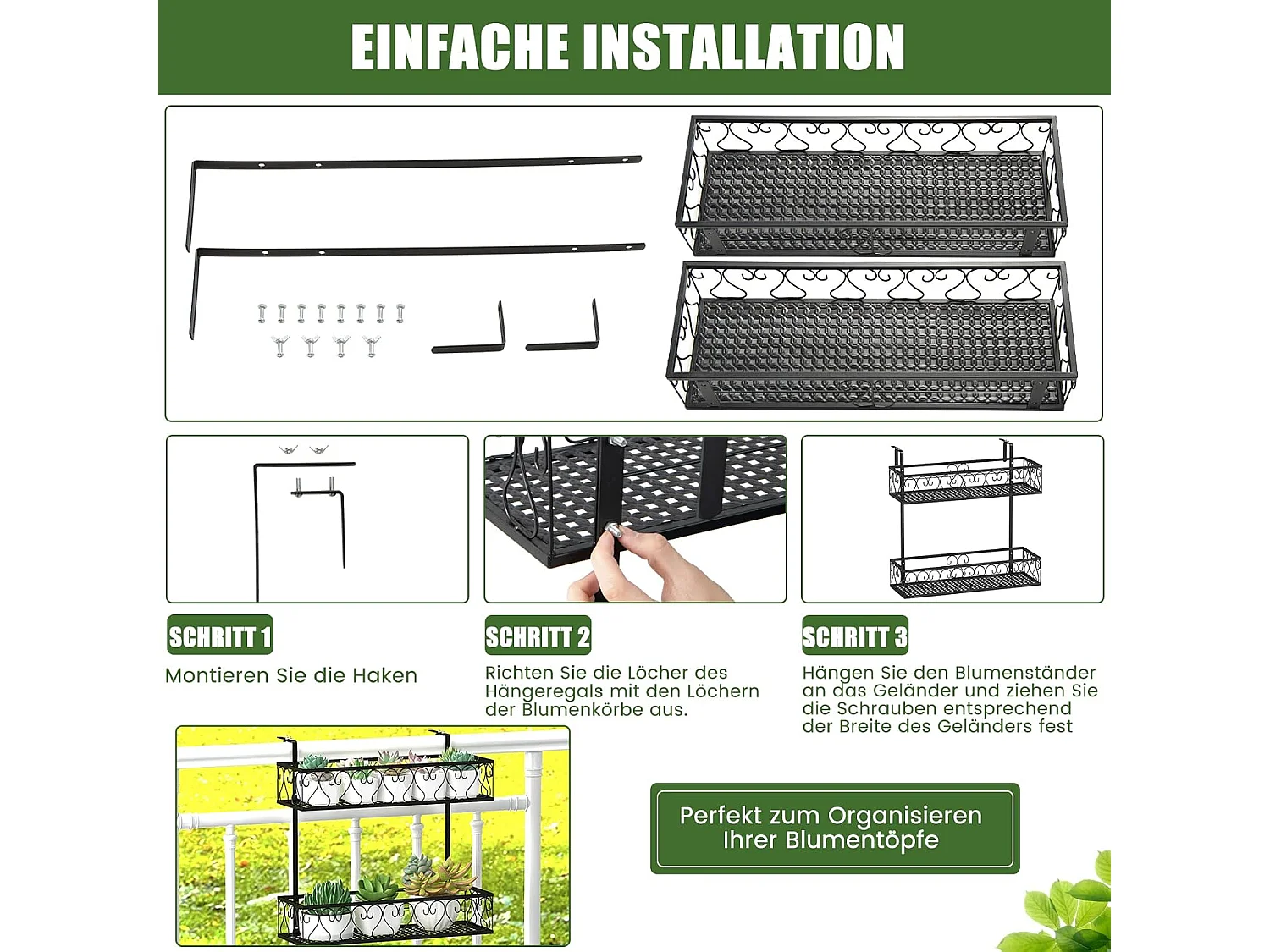 Bloemenrek om op te hangen, metalen bloempothouder, hangrek met verstelbare haken, potplantenhouder voor tuin, balkon, terras, reling, plantenrek, zwart