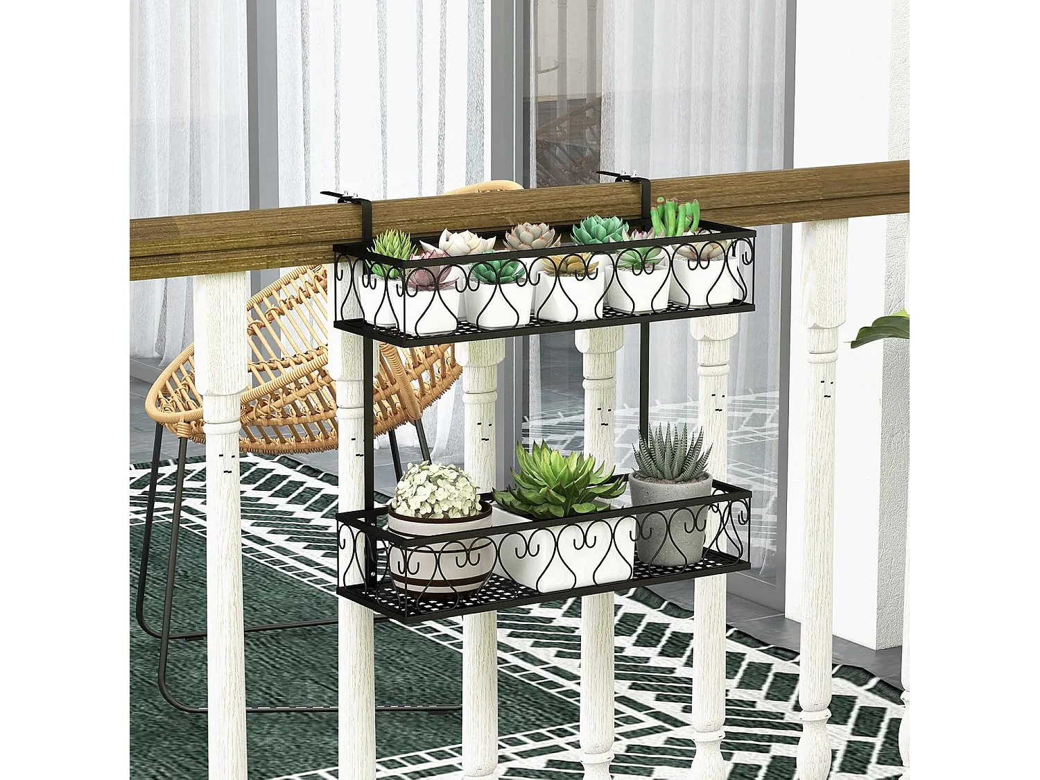 Bloemenrek om op te hangen, metalen bloempothouder, hangrek met verstelbare haken, potplantenhouder voor tuin, balkon, terras, reling, plantenrek, zwart