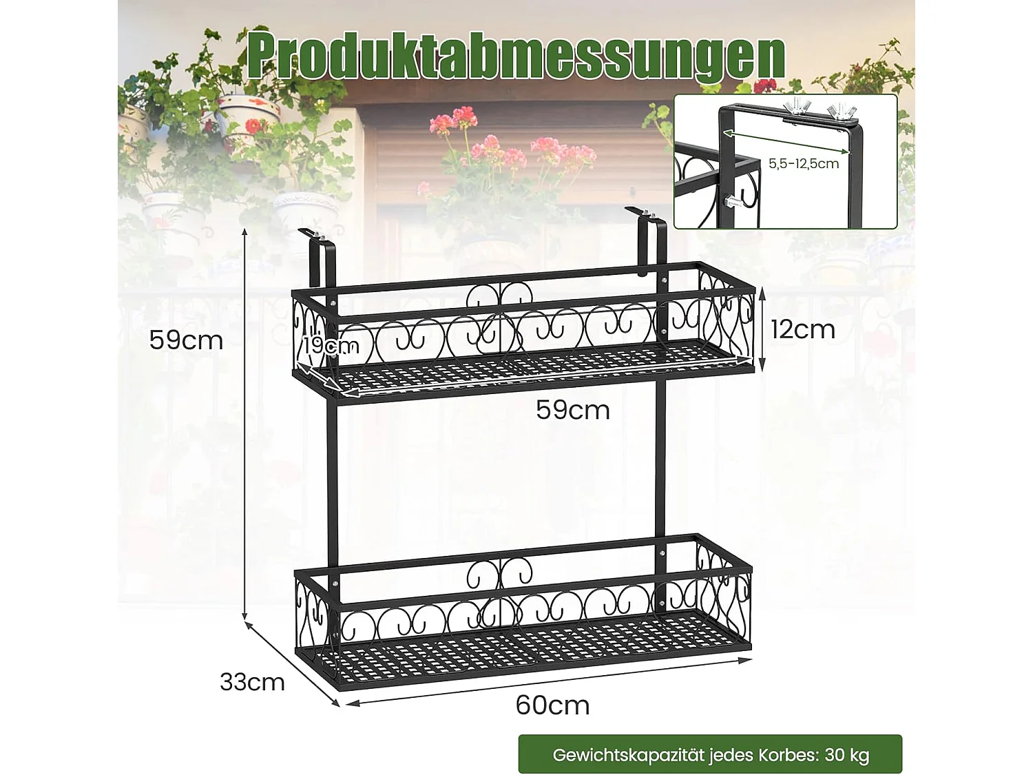 Bloemenrek om op te hangen, metalen bloempothouder, hangrek met verstelbare haken, potplantenhouder voor tuin, balkon, terras, reling, plantenrek, zwart