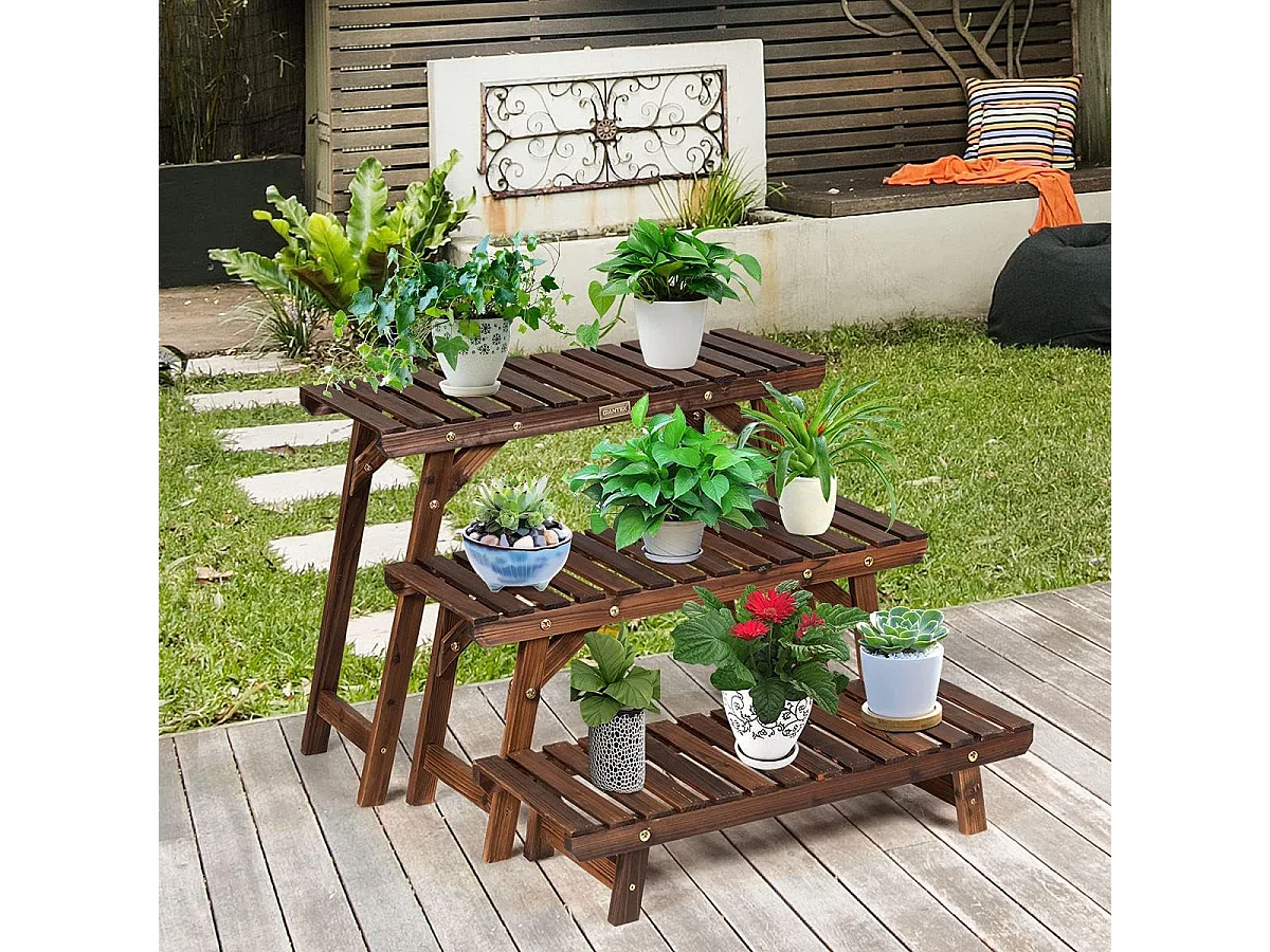 3-delig bloemenstandaard houten plantenrek bloemenrek bloementrap tuin plantentrap vrijstaand, houten rek meerdere verdiepingen