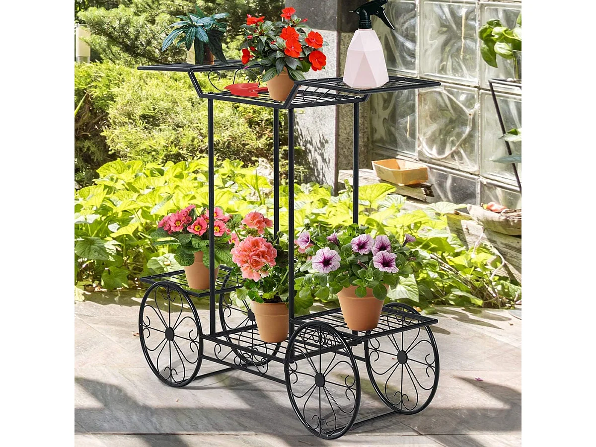 Plantenrek metaal, bloemenrek zwart, bloemenstandaard met 6 planken, plantenhouder voor binnen en buiten, plantenstandaard balkon tuin, vrijstaande bloemenwagen