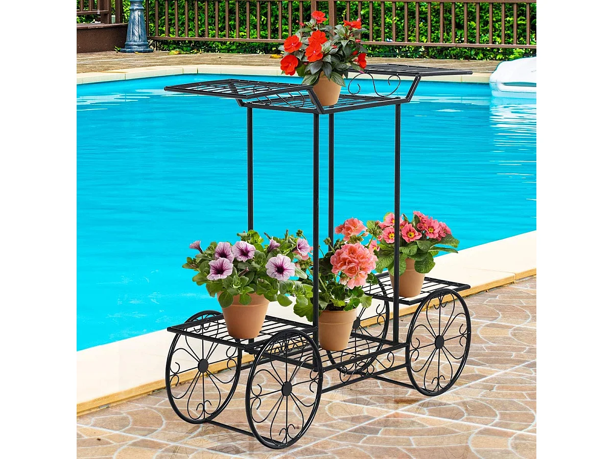 Plantenrek metaal, bloemenrek zwart, bloemenstandaard met 6 planken, plantenhouder voor binnen en buiten, plantenstandaard balkon tuin, vrijstaande bloemenwagen