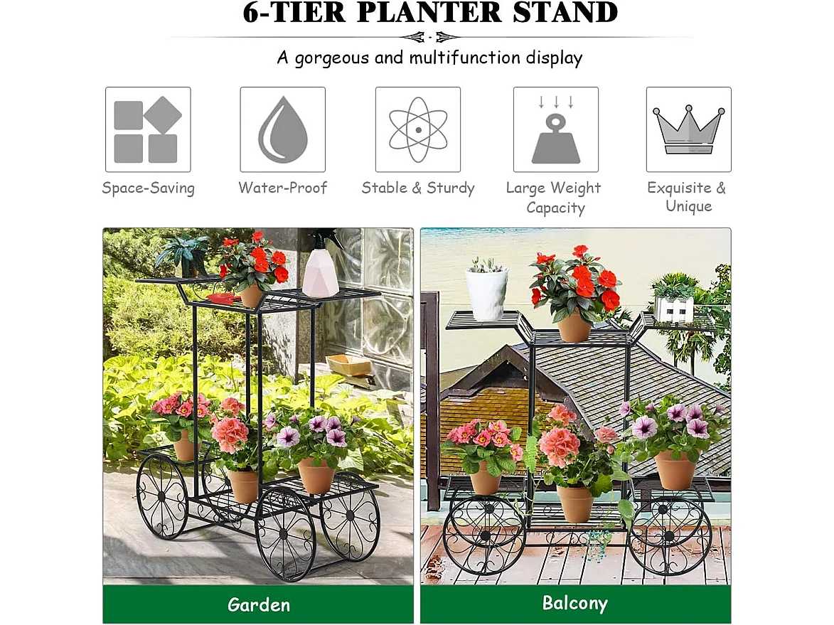 Plantenrek metaal, bloemenrek zwart, bloemenstandaard met 6 planken, plantenhouder voor binnen en buiten, plantenstandaard balkon tuin, vrijstaande bloemenwagen